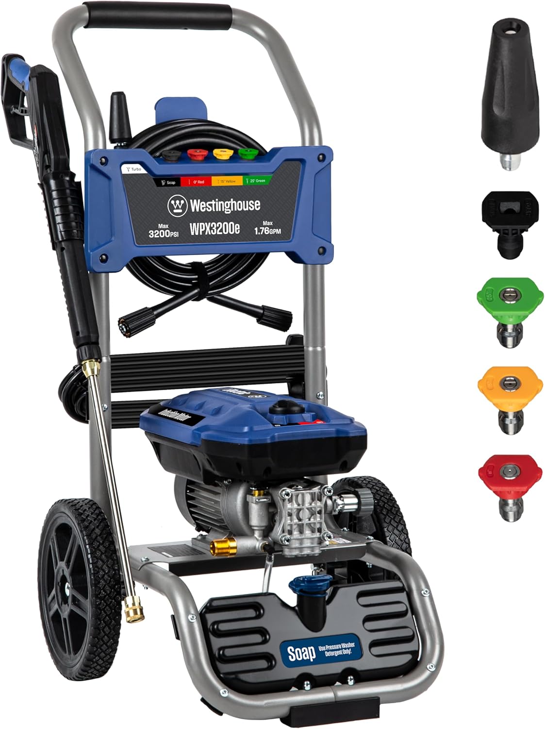 Photo 1 of  Westinghouse WPX3200e Electric Pressure Washer, 3200 PSI and 1.76 Max GPM, Induction Motor, Onboard Soap Tank, Spray Gun and Wand, 5 Nozzle Set, for Cars/Fences/Driveways/Homes/Patios/Furniture, Blue 