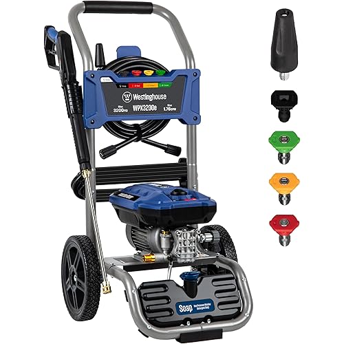 Westinghouse WPX3200e Electric Pressure Washer, 3200 PSI and 1.76 Max GPM, Induction Motor, Onboard Soap Tank, Spray Gun and Wand, 5 Nozzle Set, for Cars/Fences/Driveways/Homes/Patios/Furniture, Blue