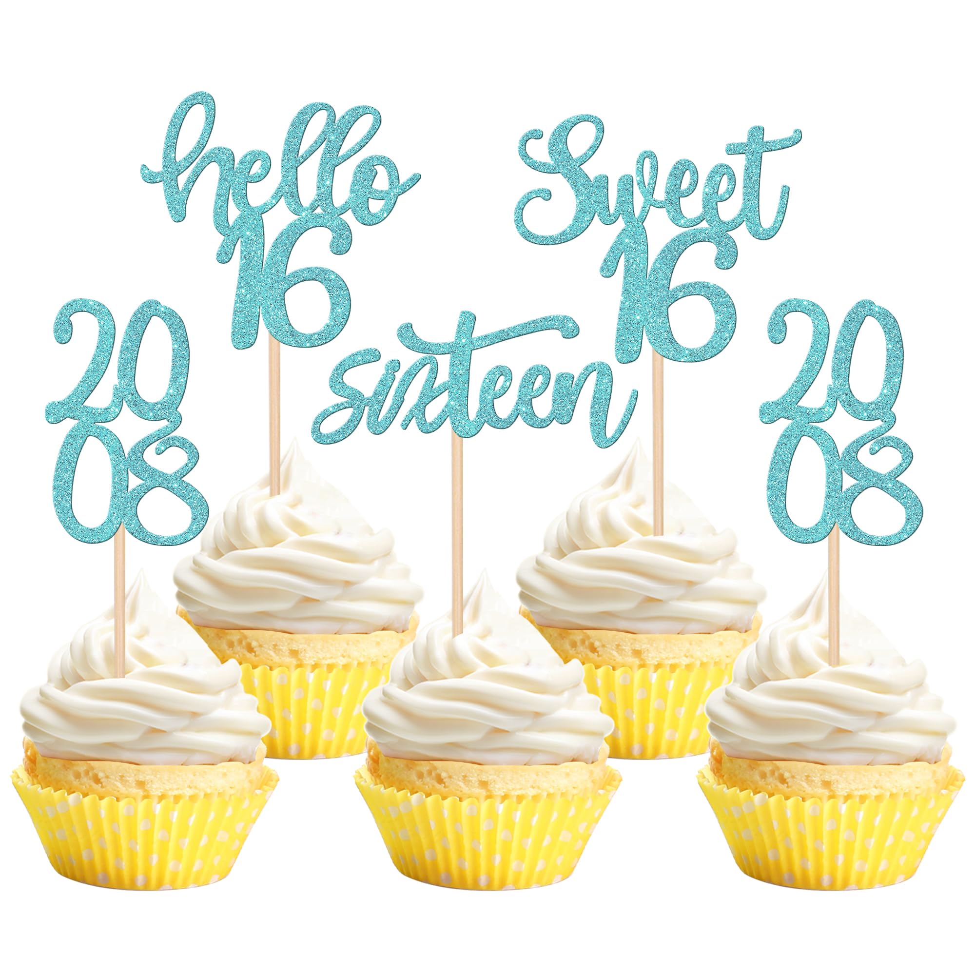 24PCS Happy 16th Birthday Cupcake Toppers Glitter Sixteen Sweet 16 Cupcake Picks Since 2008 Hello 16 Cake Decorations for Celebrating 16th Birthday Anniversary Party Supplies Light Blue