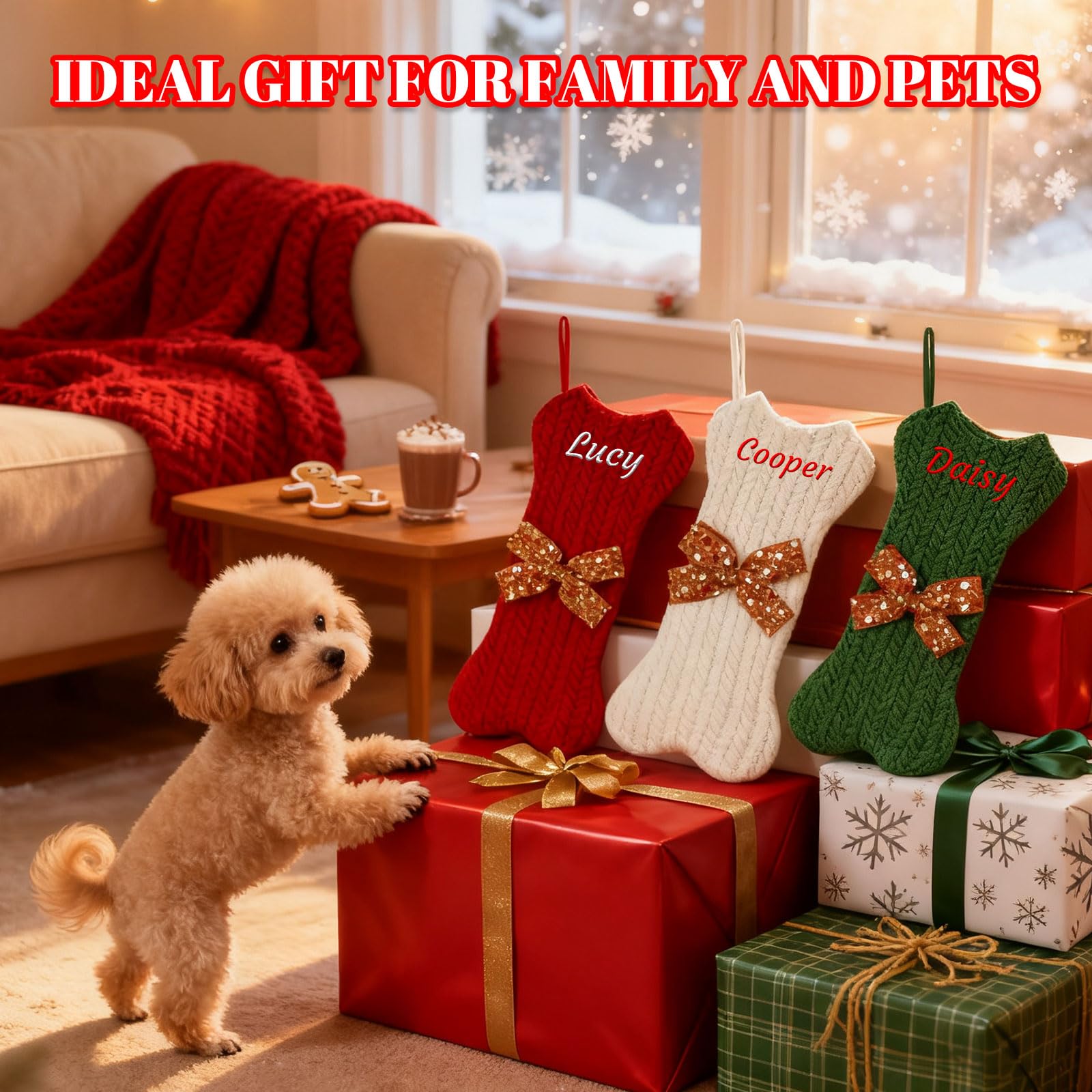 Generisch 4 PCS Personalisiert Weihnachtsstrumpf, Namensstickerei, 42 cm | Knochenförmige Strickware Nikolausstrumpf in Rot, Grün & Weiß, Familien& Haustier Weihnachtsdeko