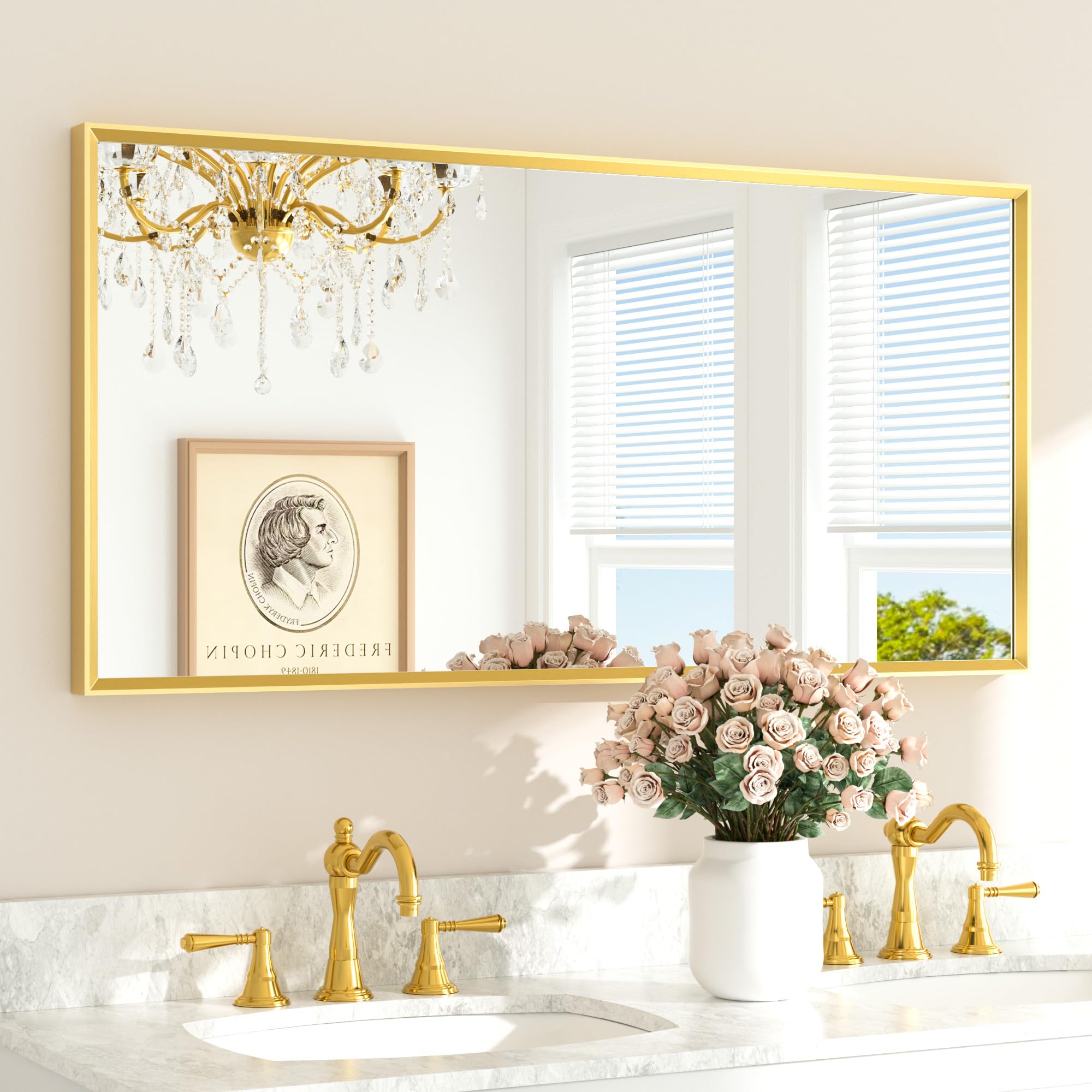 TETOTE Brushed Gold Frame Mirror for Bathroom Wall 48 x 24 Brushed Brass Beveled Rectangle Bathroom Vanity Mirror