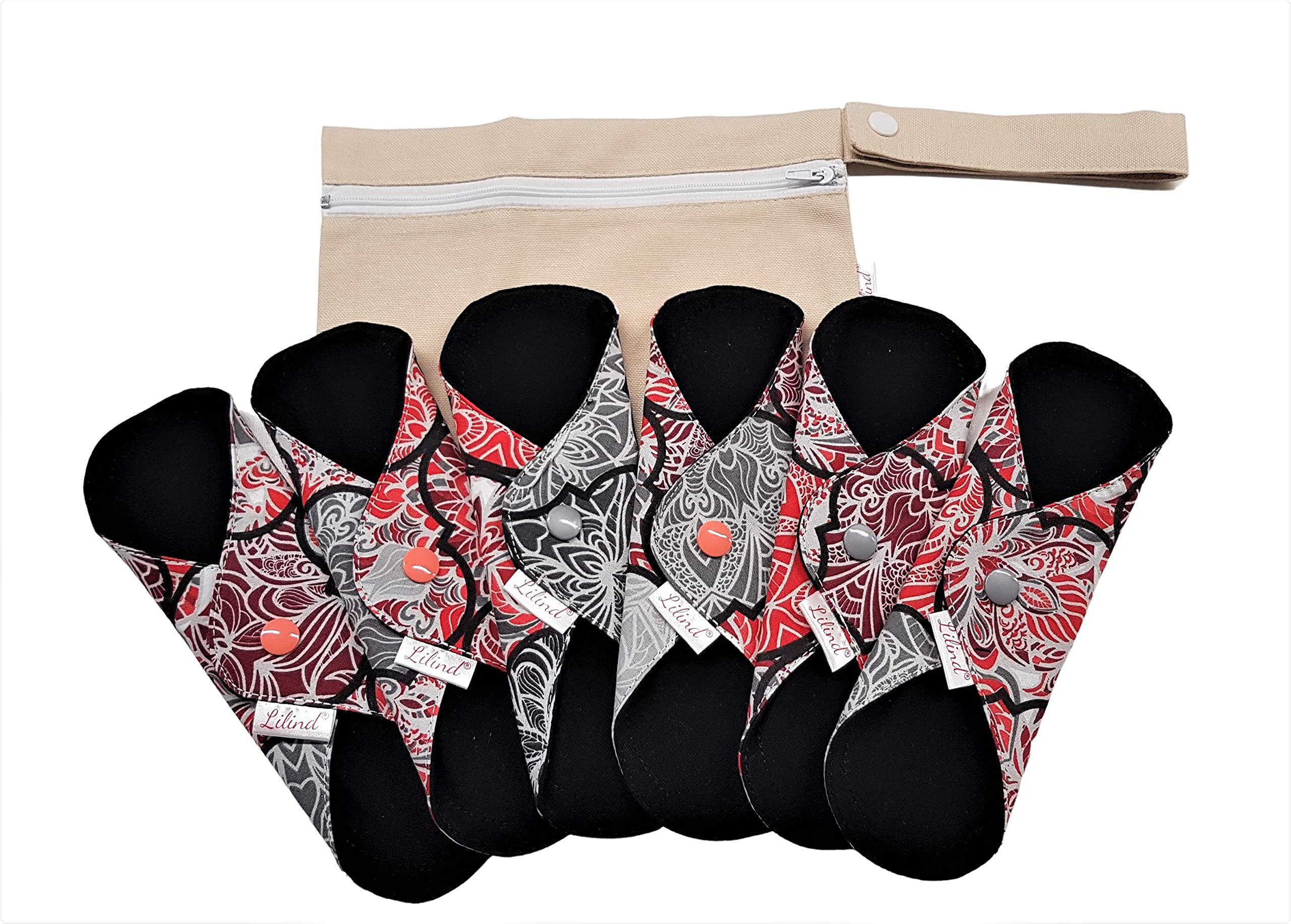 Lilind 6 Stück 30 cm schwarze Bio-Stoffeinlagen, Starter-Set, wiederverwendbare wasserdichte Menstruations-Damenbinden, 100 % Baumwolle, rote Pfingstrosen