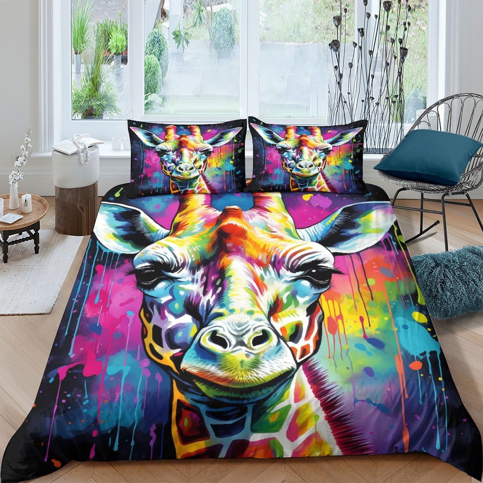 Ctjqhvkz Style-3 3D Printed Colorful Giraffe Fitted Sheet Microfiber Soft Animal Art Mattress Cover For Bedroom Dorm Decor Easy Care Single（135X200cm）