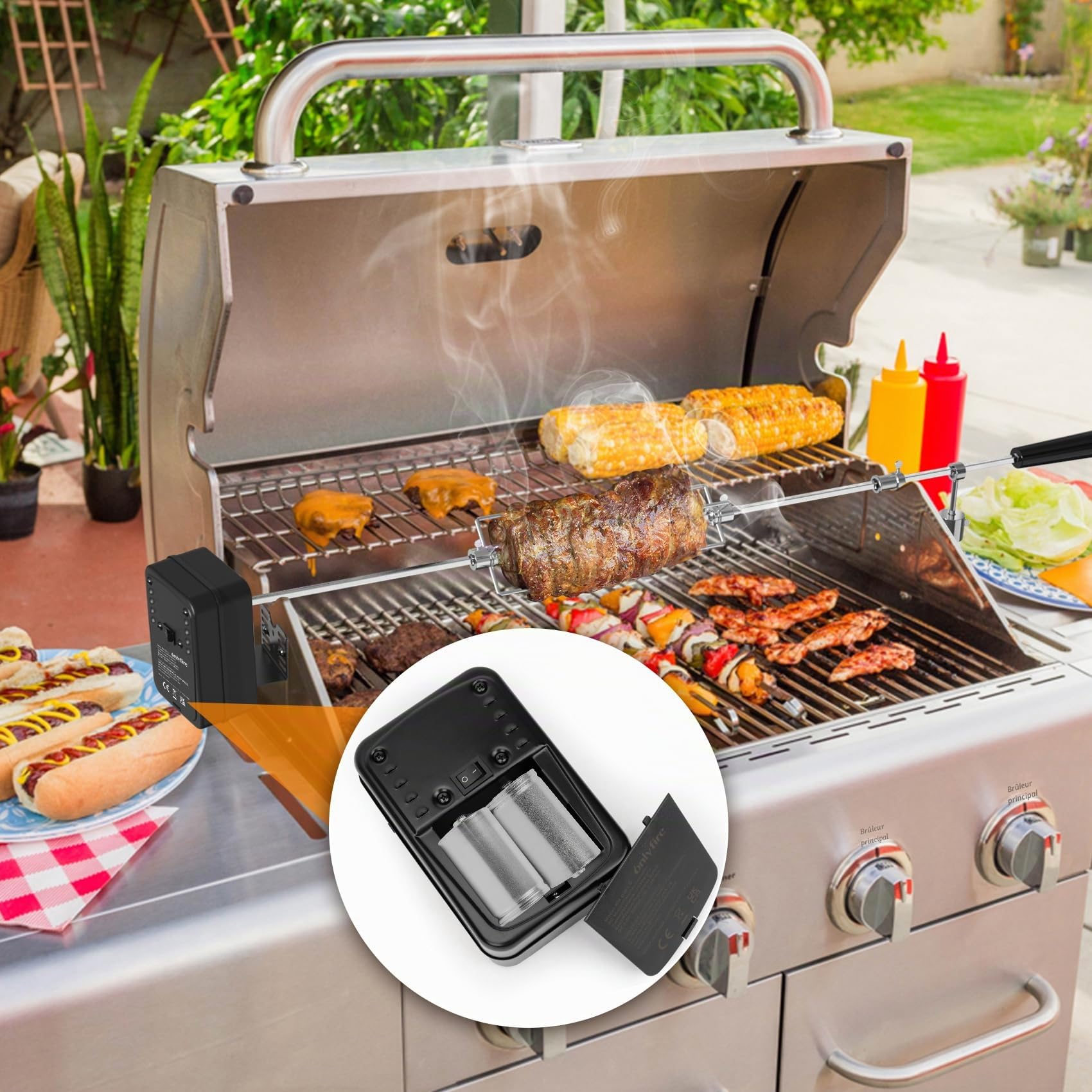 onlyfire Moteur Tournebroche Électrique 3 en 1 pour Barbecue - Alimentation Secteur, Piles D ou Câble USB – Vitesse Réglable 1,5 à 7 RPM – Compatible avec Rotissoire, Méchoui et Broche à Viande