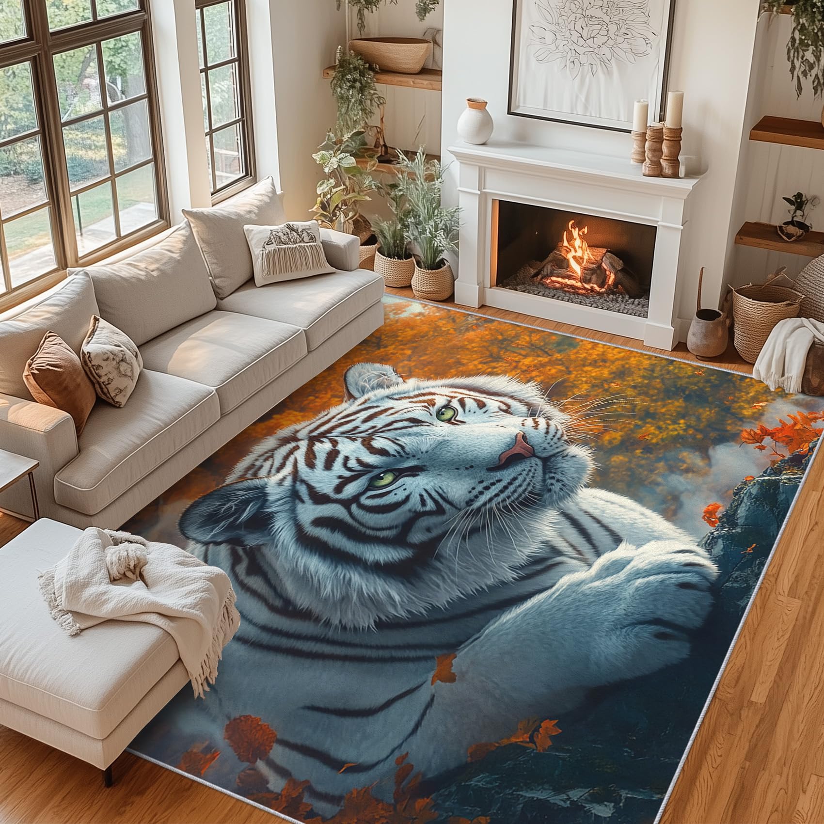 Tapis de salon tigre blanc 160x230 cm avec motif de feuilles d'automne et envers antidérapant