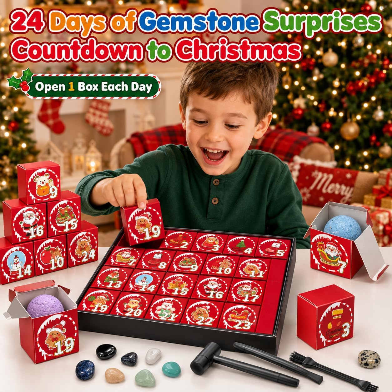 Advent Calendar 2026 Gemstone Dig Kit for Kids, 24-Day Christmas Countdown Gemstone Dig with 24 Natural Gemstones, Crystals & Minerals, 3 Digging Tools, STEM Geology Toy, Christmas Gift for Boys Girls