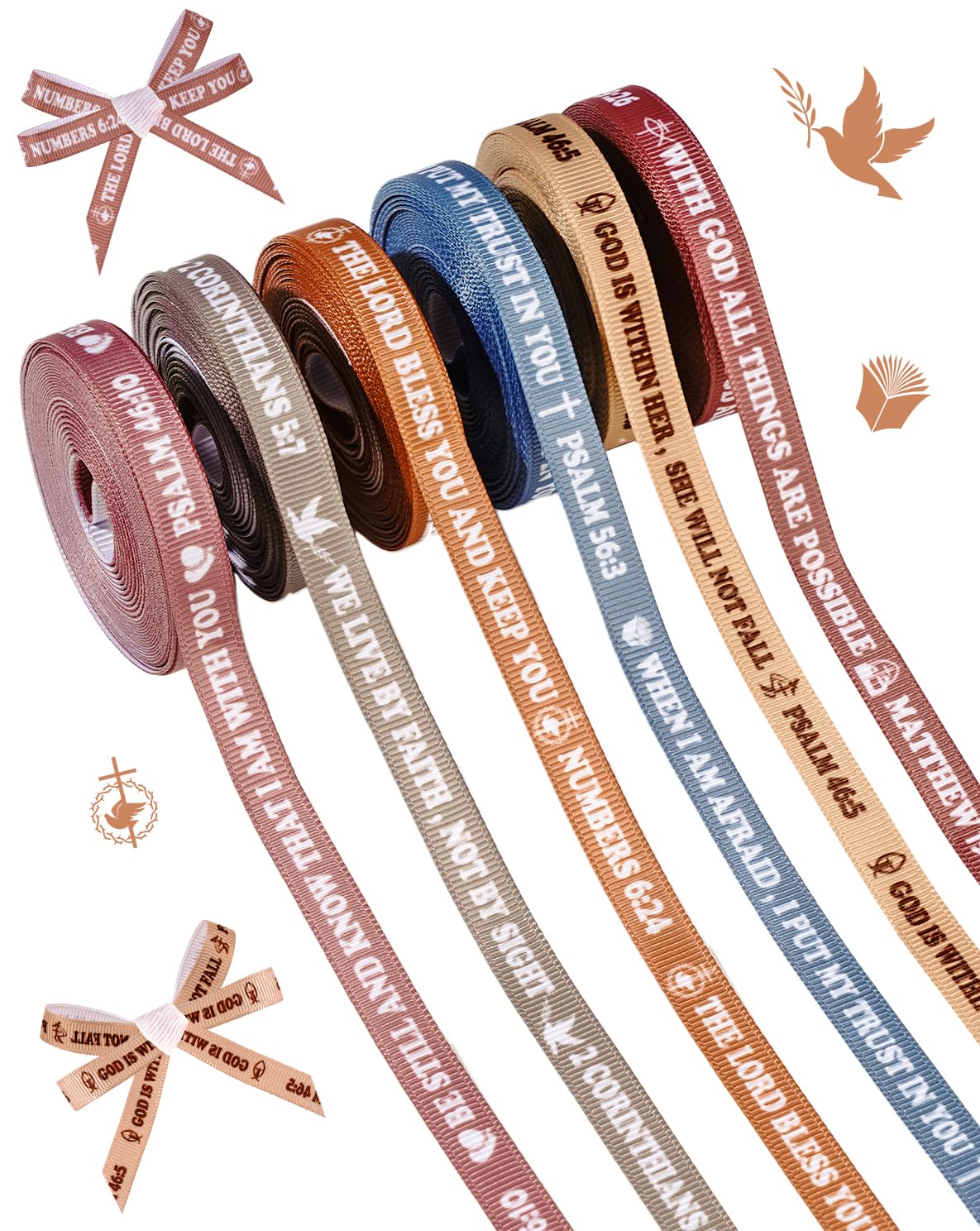 Liobelon 6 Rolls Religious Scripture Grosgrain Ribbon (5 Yards Each, 3/8" Wide) - Bible Verse Ribbon for Christian Crafts, Gift Wrapping, Church Events & Faith-Based Decor