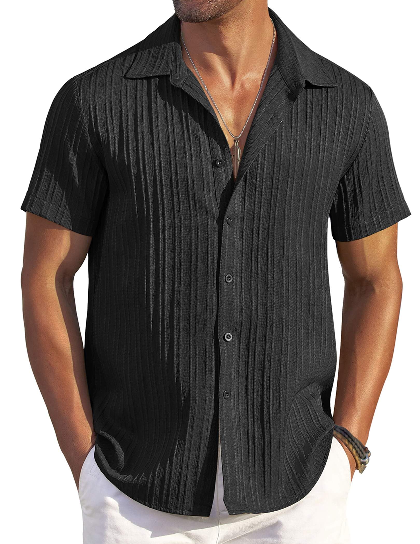COOFANDY Men's Casual Button Down Shirts Short Sleeve Textured Summer Beach Shirts Black XX-Large