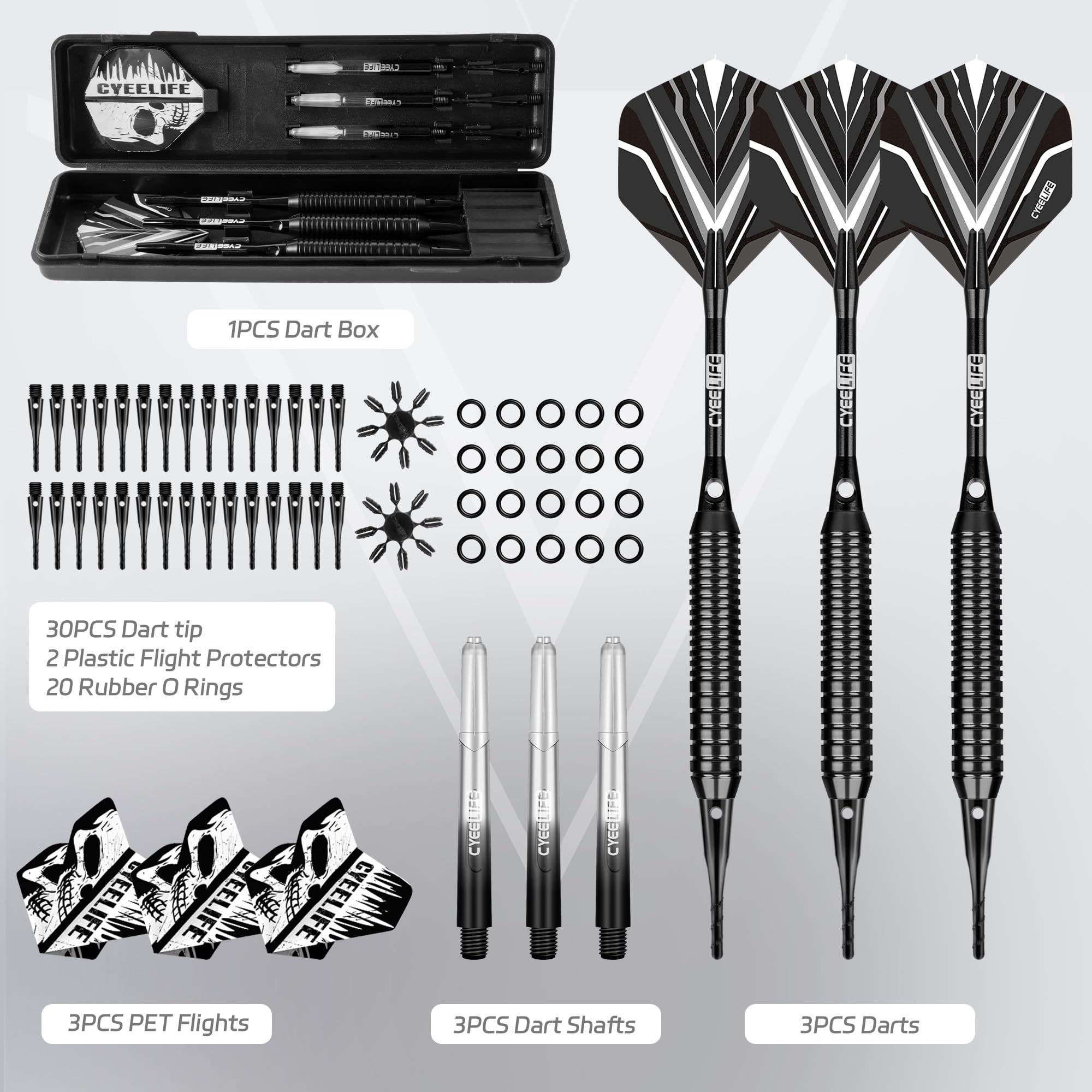CyeeLife Zestaw rzutek z miękką końcówką z mosiężną beczką, profesjonalna plastikowa końcówka, aluminium/PC trzonki + 6 lotków + 30 miękkich końcówek + 20 pierścieni uszczelniających + 2 ochraniacze
