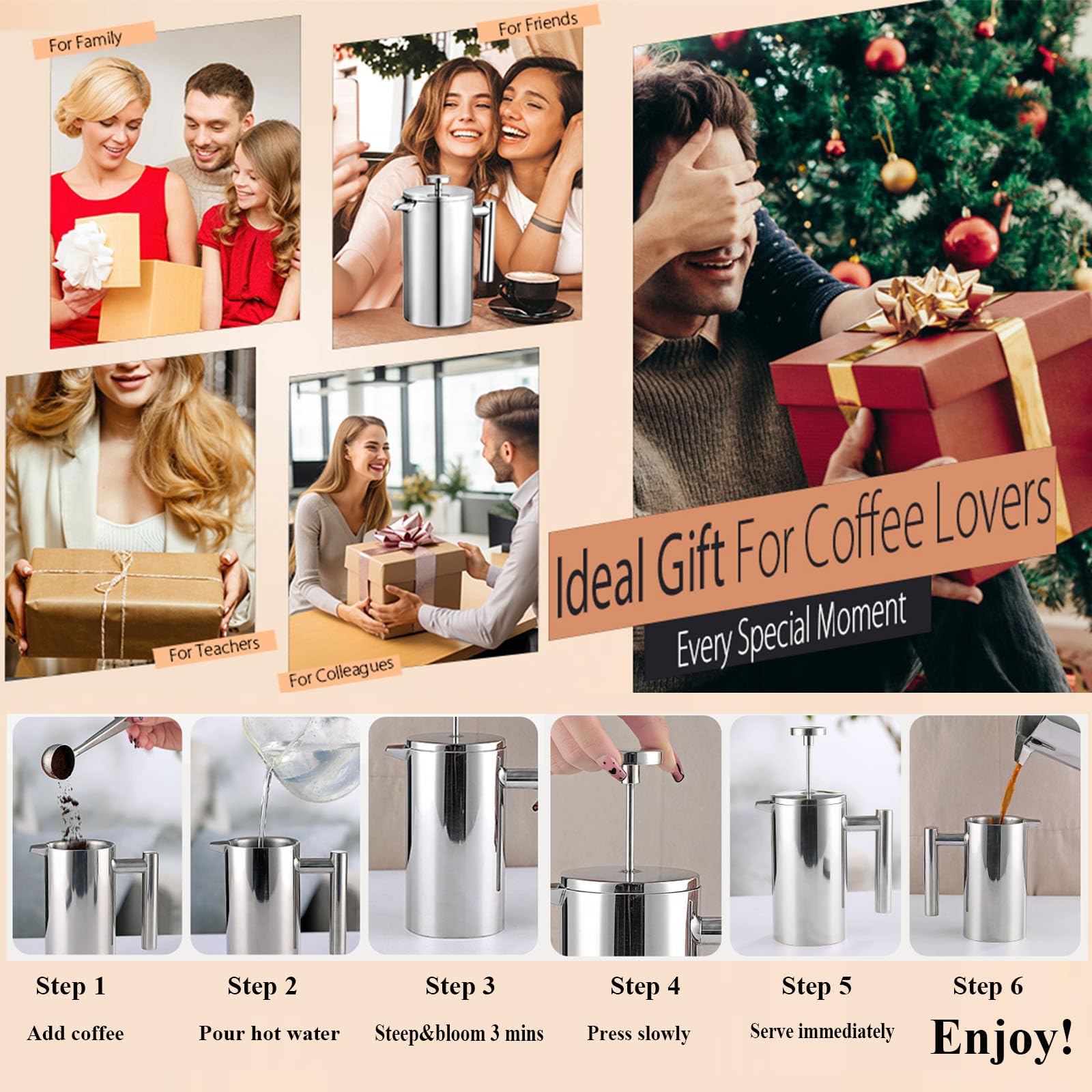 XINGYUEXUAN Acero inoxidable French Press – Prensa de café premium con función térmica – Cafetera con triple filtro, apta para lavavajillas y aislada (600 ml)
