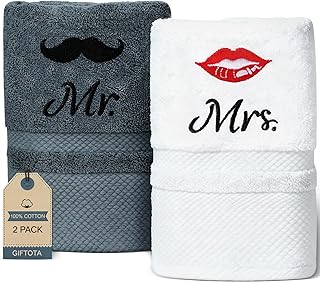 Giftota Hochzeitsgeschenke für Brautpaar - 2 teilig Handtuch Set 100% Baumwolle Bestickt Handtücher 35 x 75 cm - Mr und Mrs Geschenk Hochzeit, Paar Geschenke
