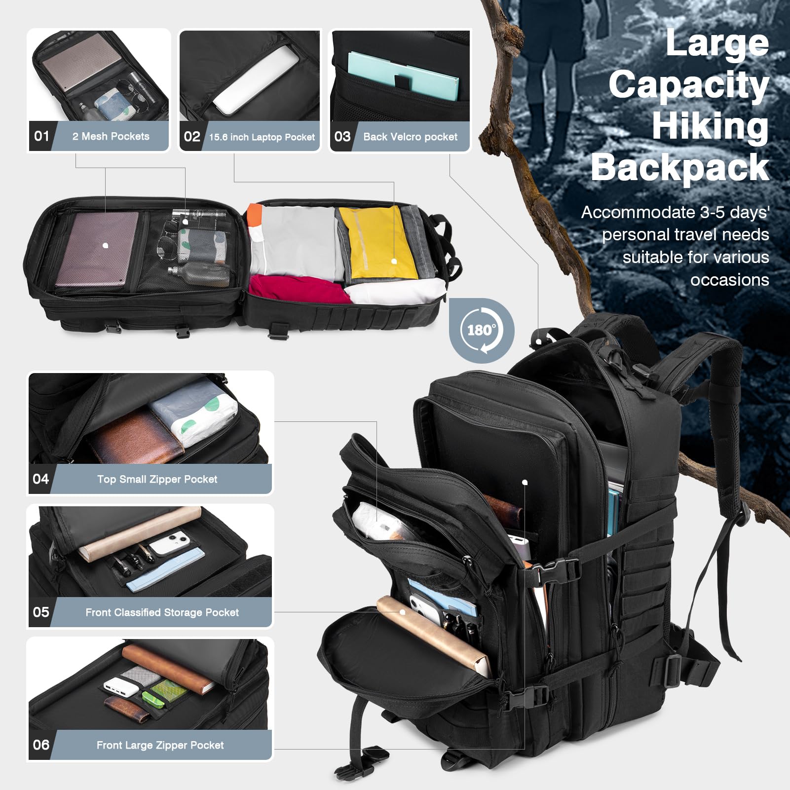 SPAHER 45L Sacs à Dos Tactique Militaire Armée Sac de Randonnée Trekking Survie Voyage Molle Étanche avec Une Housse Imperméable, Noir