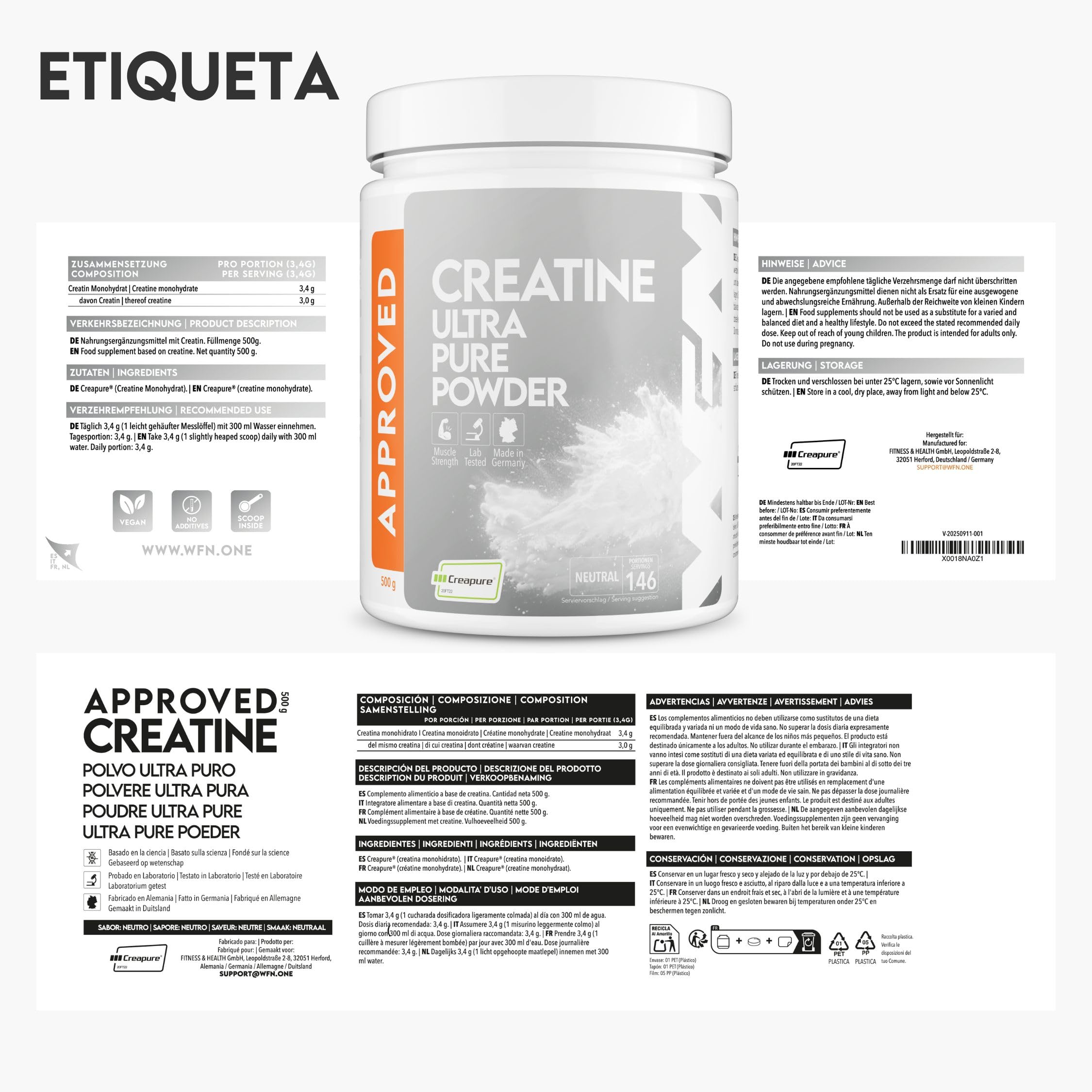 WFN Approved Creatine - Creatina Creapure - Neutro - 500 g - Creatina monohidratada - Polvo - Vegano – 146 Porciones - Fabricado en Alemania - Probado en laboratorio externo