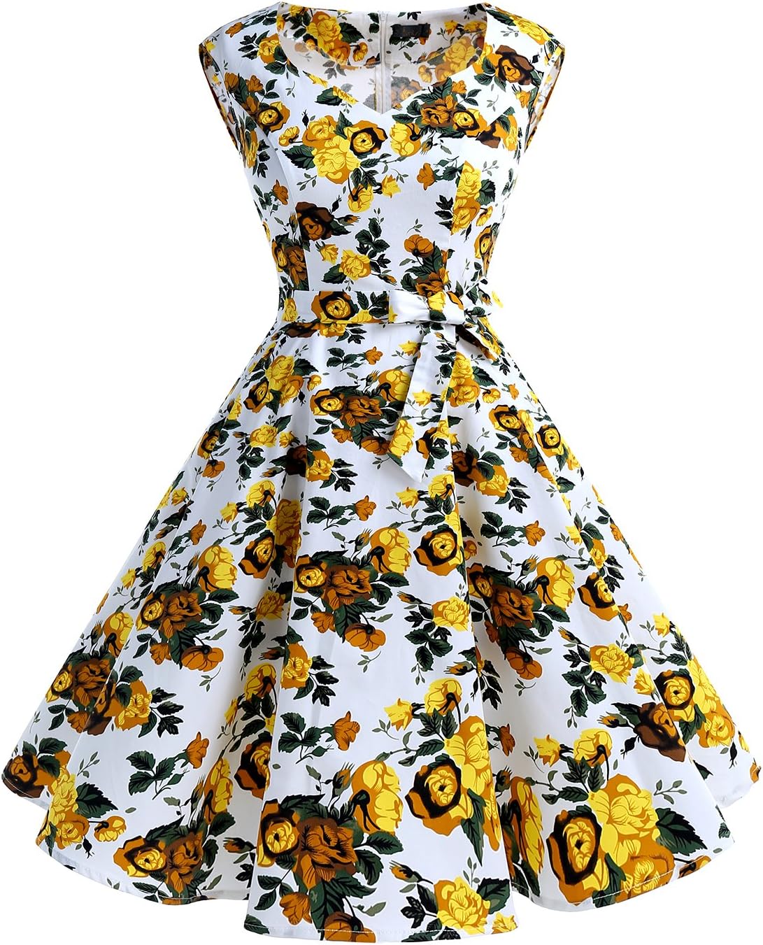 IVNIS Women's Vintage 1950s Semi Fixed Belt Rockabilly Swing Dresses with Pockets - Yellow -