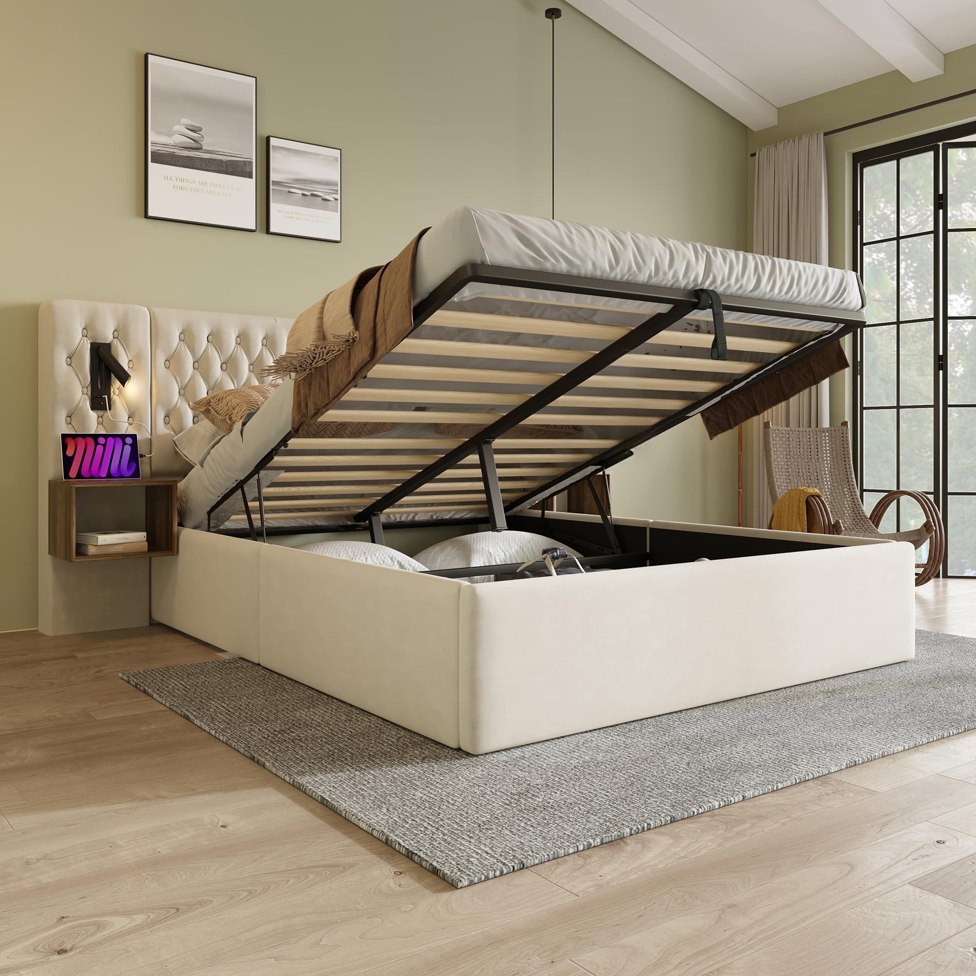 LAKFEW Cama 180x200 cm Cama Tapizada con Luz de Lectura y USB, Camas Matrimoniales con 2 Mesitas de Noche y Almacenaje Hidráulico, Cama Matrimonio, Estructura Metálica, Terciopelo, Beige, Sin Colchón
