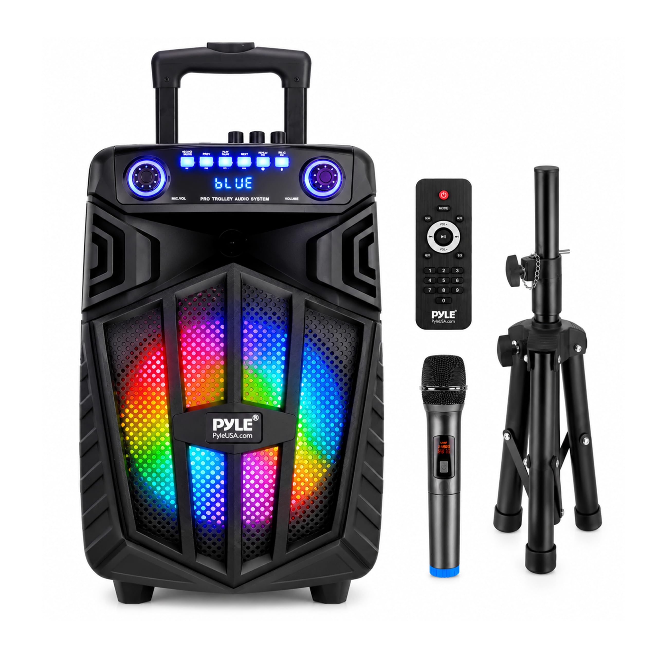 Pyle Enceinte Bluetooth Portable 680 W 25 cm avec Micro – Haut-Parleur Karaoké Rechargeable avec Roues, TWS, Lumières LED, Écran LED, Entrée Micro 6,5 mm, FM