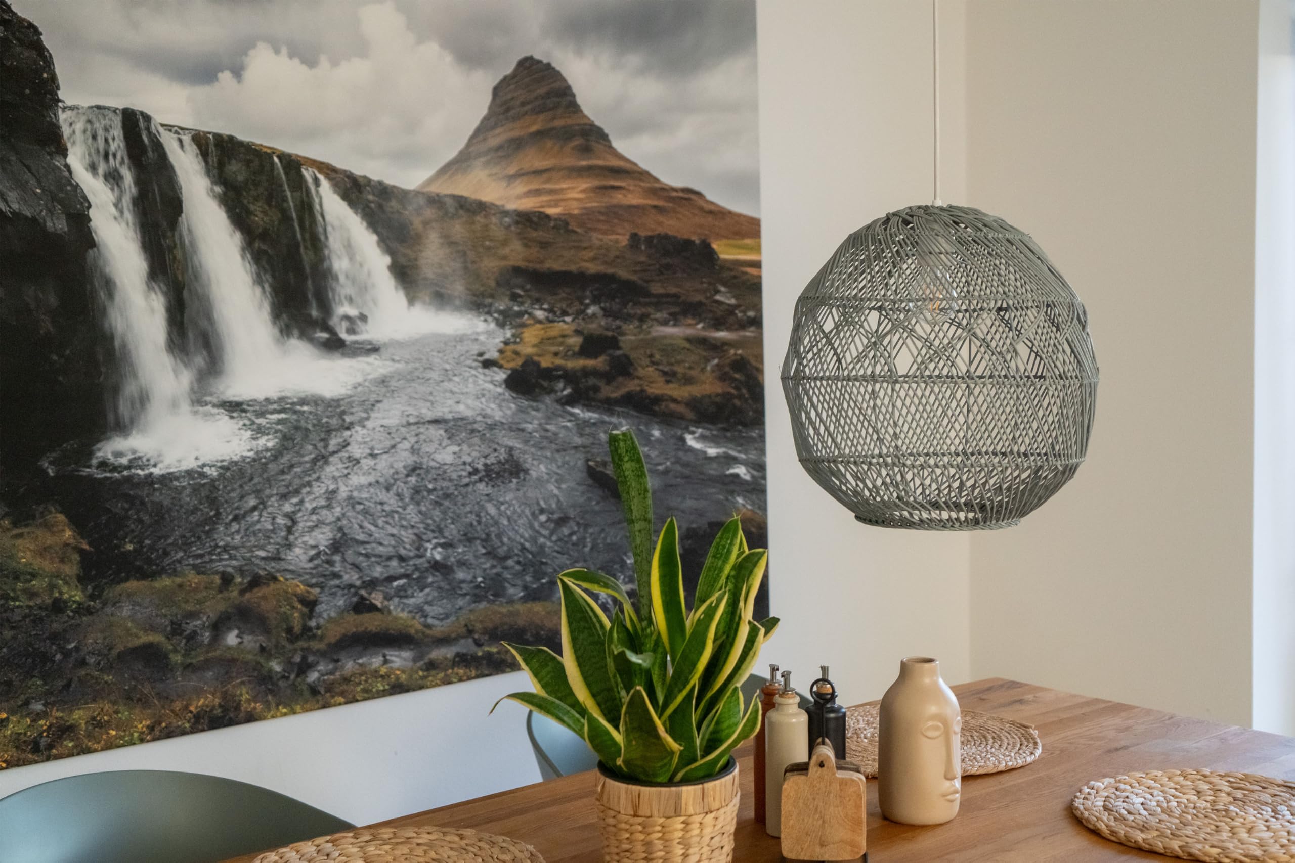 Decorasian Boho Lampenschirm aus Rattan – Korb Lampenschirm für Hängelampe mit E27 Lampenfassung – Rattan Pendelleuchte - grau