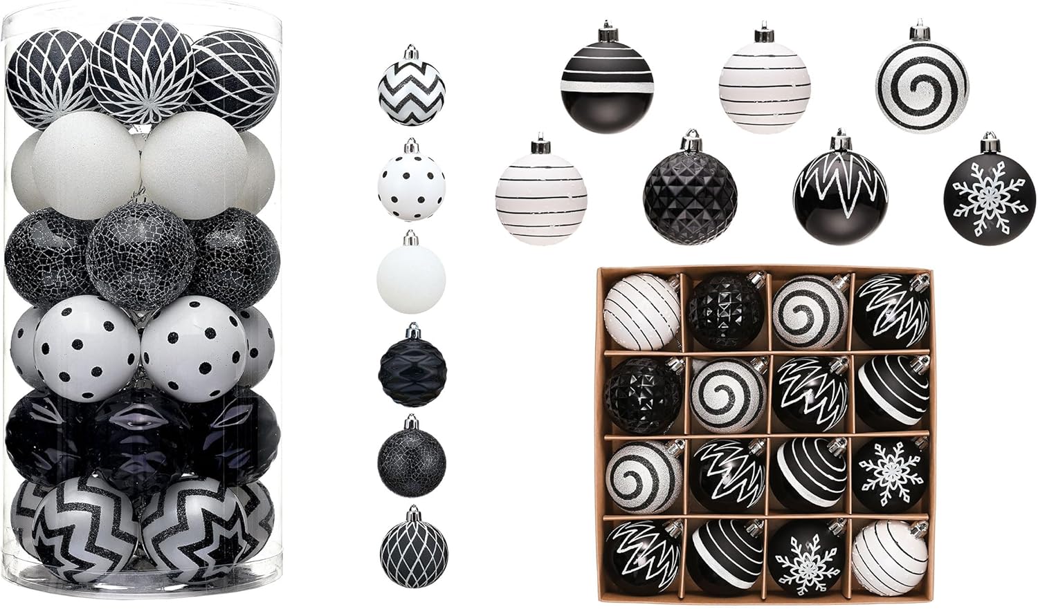 Valery Madelyn Christmas Ornaments Value Bundle(2 Items), 30ct & 16ct Modern Black White Shatterproof Christmas Ball Ornaments Set, Decorative Hanging Ornament Bulk for Xmas Holiday Party Decor