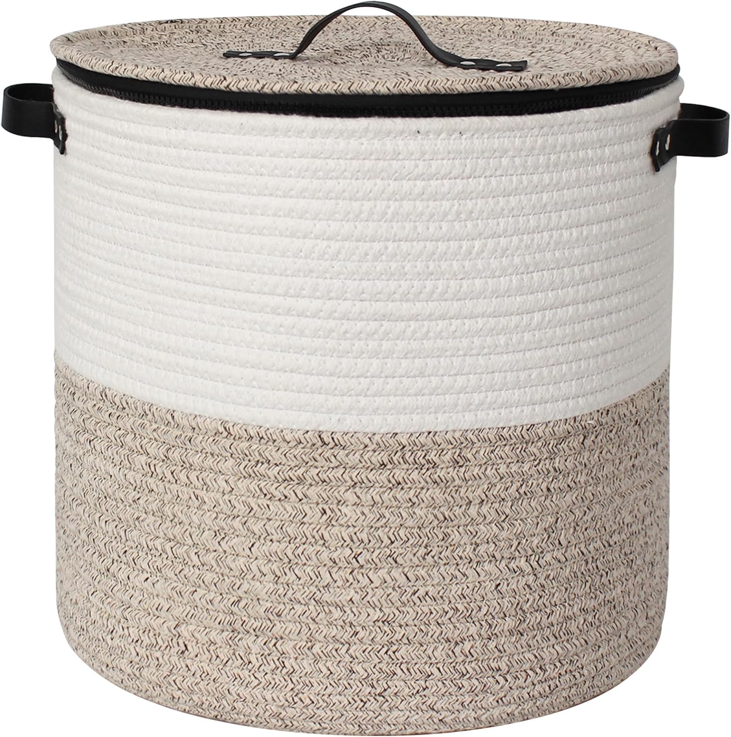 Storage Basket with Lid, 13"x15" Round Woven Blanket Storage for Living Room, Decorative Cotton Rope Hamper with Zipper Top, Wicker Basket with Lid, Floor Covered Kids Dog Toy Bin