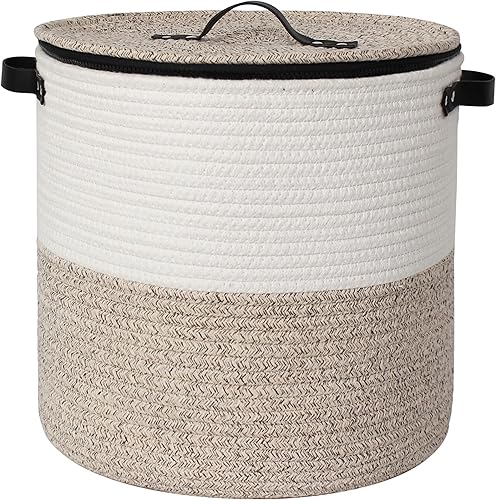 Storage Basket with Lid, 13"x15" Round Woven Blanket Storage for Living Room, Decorative Cotton Rope Hamper with Zipper Top, Wicker Basket with Lid, Floor Covered Kids Dog Toy Bin