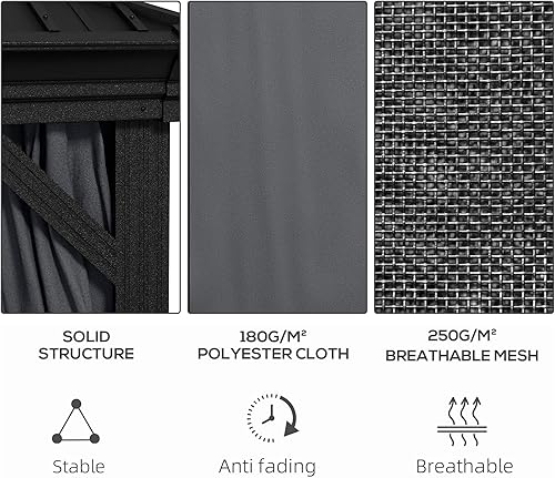 Miniatura 4 de Outsunny Cenador de techo rígido de 10 x 12 pies con cortinas y red, toldo permanente de metal de doble techo con marco de aluminio y ganchos, para