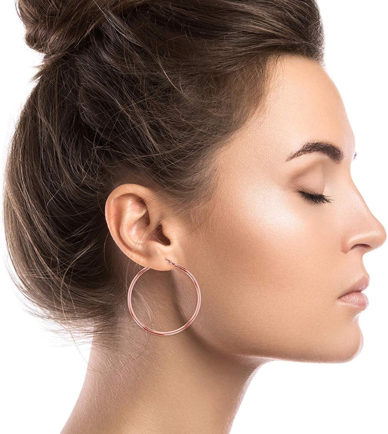 14K Gold Plated 925 Sterling Silver 2mm High Polished Hypoallergenic Hoop Earring Set for Women | 2mm Thick Hoops | Secure Clip Top Closure | Shiny Classic Earrings, 10mm-70mm