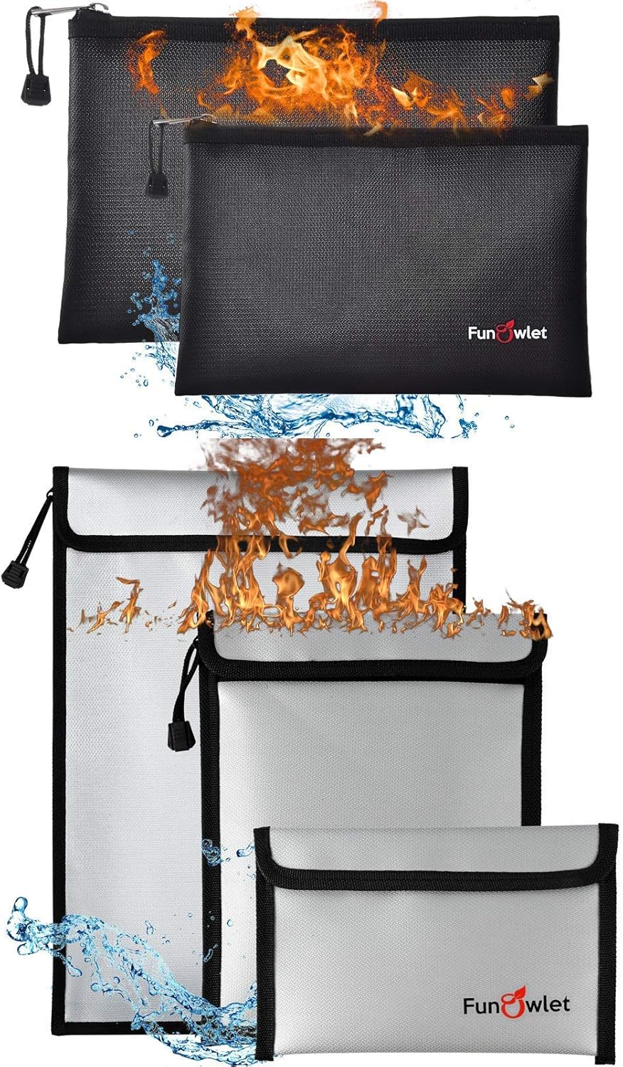 Fireproof Waterproof Money Document Bag - 2+3 Pack Safe Upgraded Zipper Bags, Fire & Water Resistant Storage Organizer Pouch for A4 A5 Documents Holder,File,Cash,Jewelry,Passport,Tablet,Laptop
