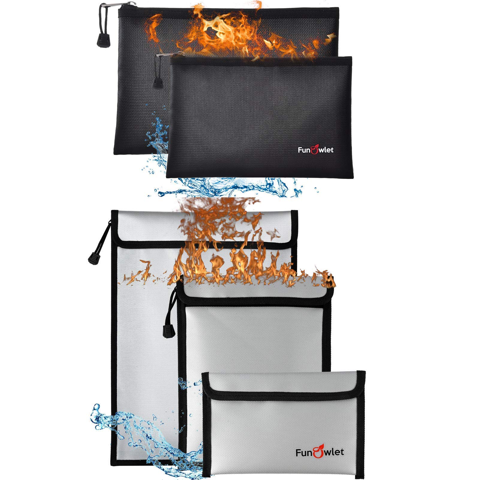 Fireproof Waterproof Money Document Bag - 2+3 Pack Safe Upgraded Zipper Bags, Fire & Water Resistant Storage Organizer Pouch for A4 A5 Documents Holder,File,Cash,Jewelry,Passport,Tablet,Laptop