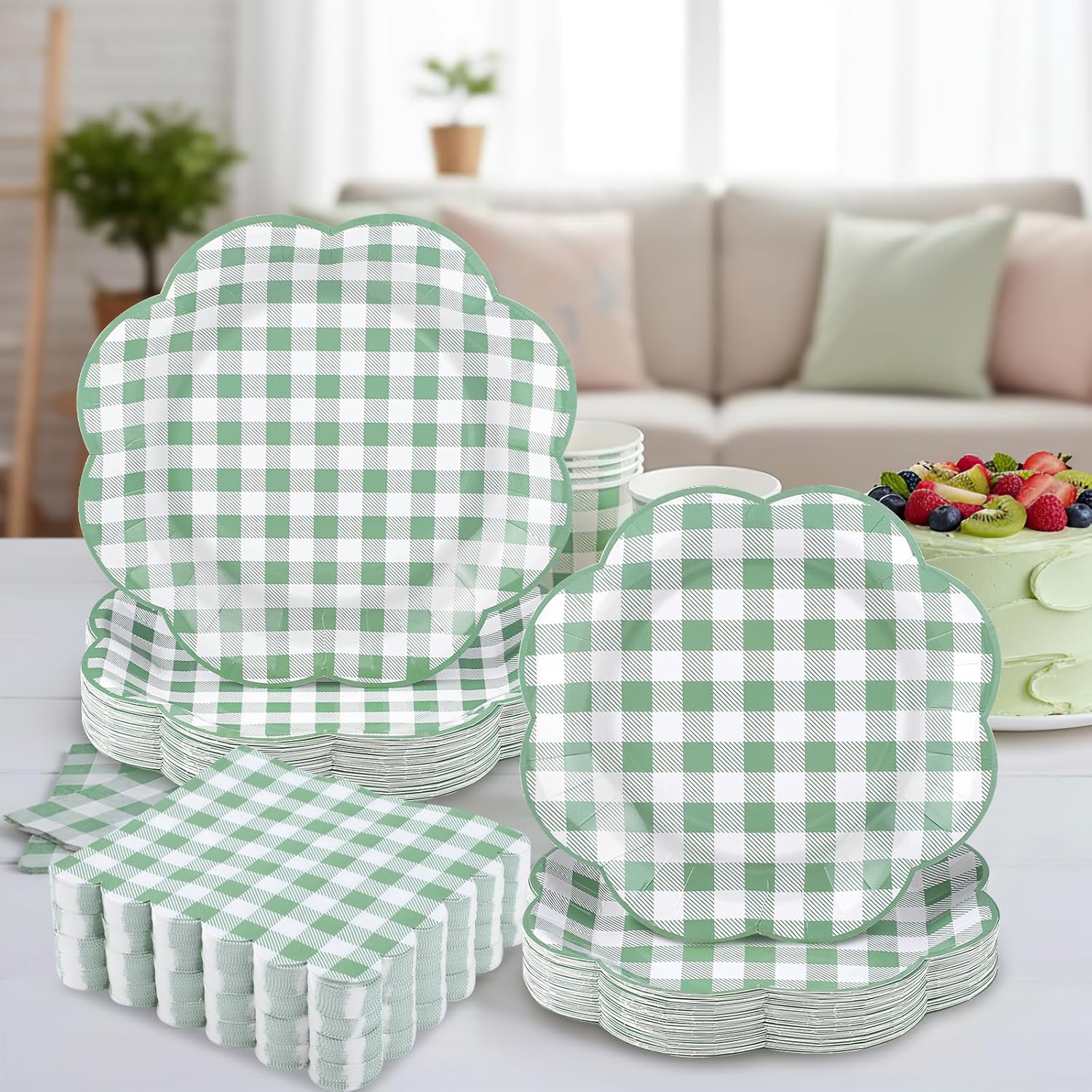 NatNarr 250 Pcs Sage Green Gingham Plates and Napkins, Scalloped Green and White Checkered Tableware Set Includes Disposable Plates Napkins and Cups for Wedding Birthday Picnic Baby Bridal Shower