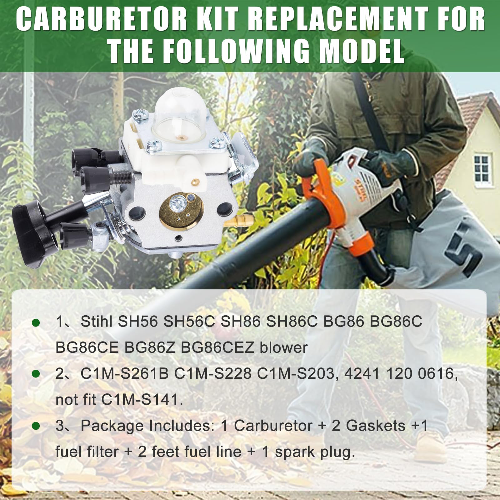 Carburateur 4241 120 0616, 4241 120 0607, 4241 120 0600 pour souffleur à feuilles Stihl BG86, BG86C, BG86Z, SH86. Filtre à air de rechange pour souffleur Zama C1M-S261C et C1M-S261B.