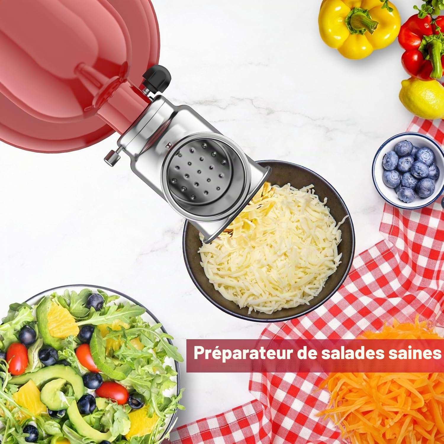 COFUN Accessoire coupe-légumes en acier inoxydable pour KitchenAid Robot Pâtissier, Râpe à fromage, Râpe à légumes avec 4 lames | Trancheuse de légumes, salade, poudre de broyage, râpe à fromage