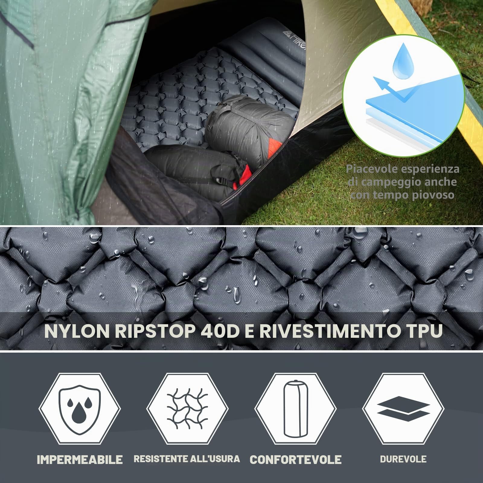 HIKENTURE Materassino da campeggio, dimensioni ridotte, ultraleggero, per esterni, materassino gonfiabile, per campeggio, viaggi, attività all'aperto, escursioni, spiaggia (blu, verde, grigio)