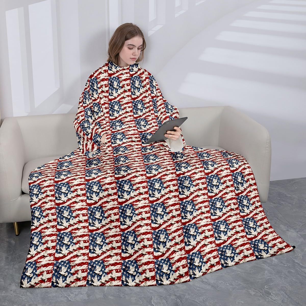 Homemissing Manta de forro polar con mangas para mujer, cálida y acogedora de 50 x 70 pulgadas, manta de felpa mullida con diseño de bandera para niños, manta de felpa súper suave con diseño de la