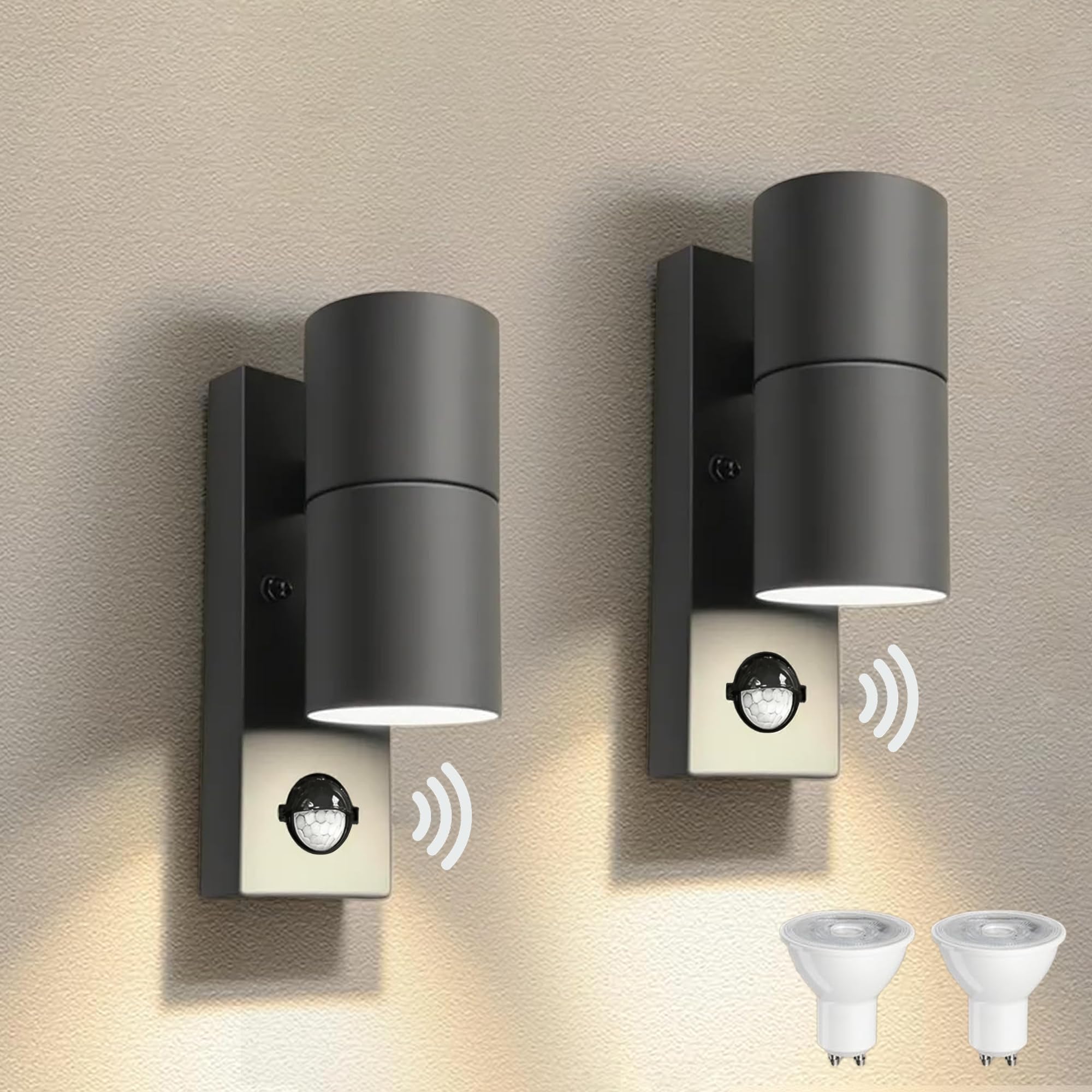 JNR 2 Stück Edelstahl LED Außenlampe mit PIR Bewegungsmelder, IP54 Wasserdichte Außenleuchte mit Bewegungsmelder 230V, Aussenlampe inkl. 5W GU10 3000K Warmweiß Glühbirne, Wandleuchte, Anthrazit Grau