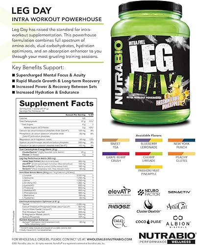 Miniatura 10 de NutraBio Leg Day Intra Workout Powder  Suplemento avanzado de carbohidratos con dextrina en racimo y electrolitos  Carb Powder con EAAsBCAA