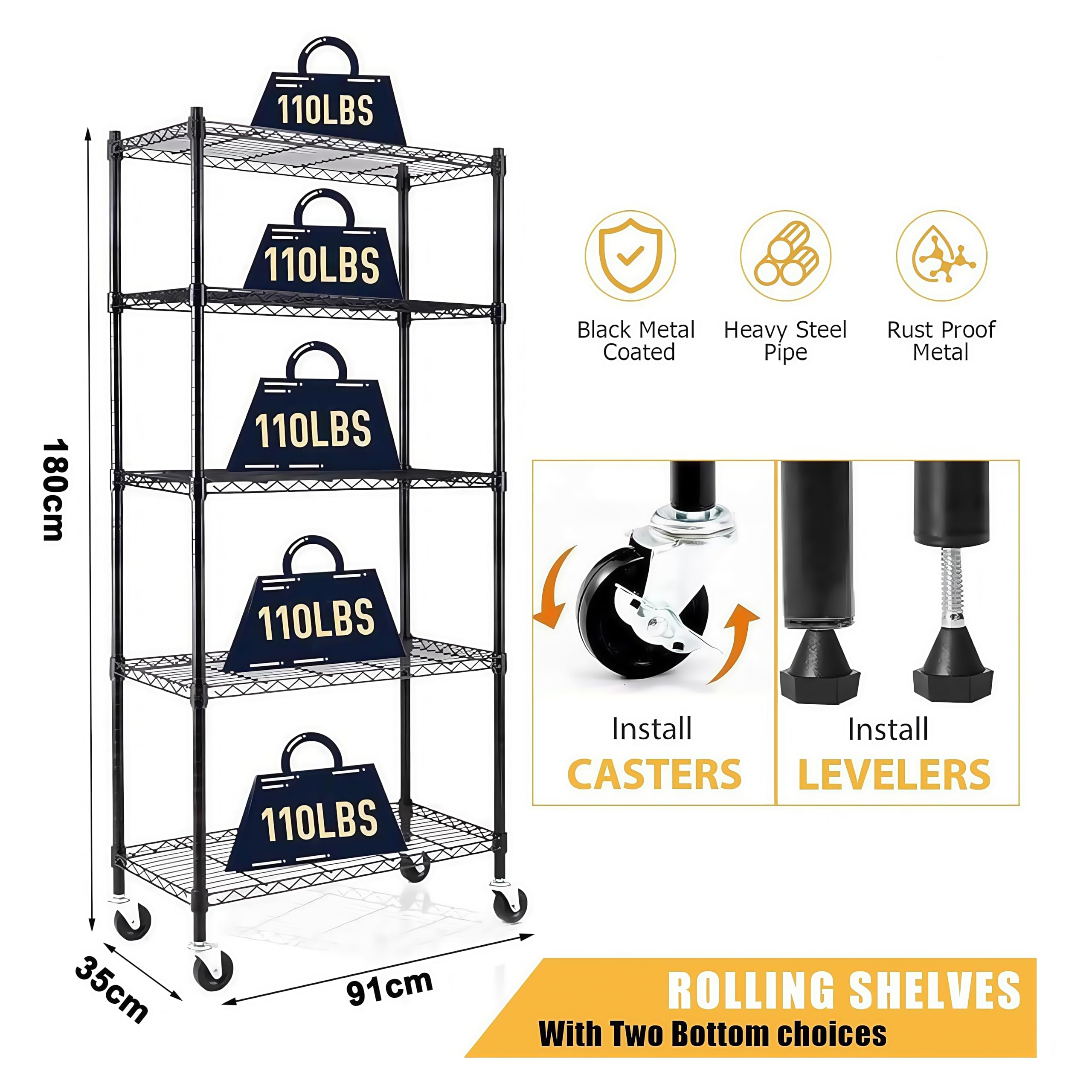 Scaffale a 5 ripiani in filo metallico resistente, con ruote, regolabile, 180 x 91 x 35 cm, per cucina e garage, soluzioni di archiviazione di livello commerciale
