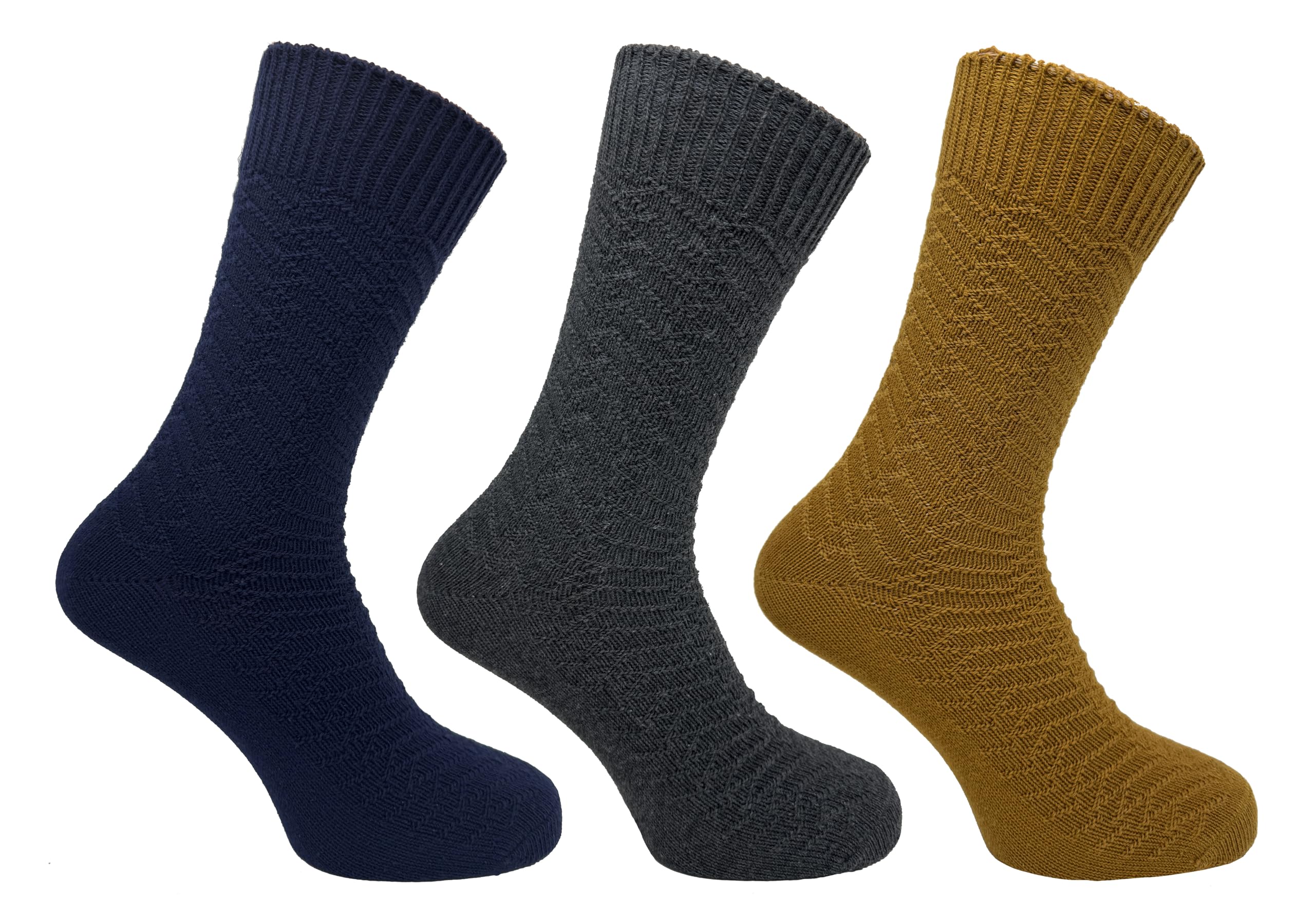 Bramble Men's Assorted Textured Casual Boot Socks | 3 Pairs | U.k. Size 6-11 |Navy, Grey, Mustard, Outdoor Comfort Hiking Boot, Walking Activity Socks