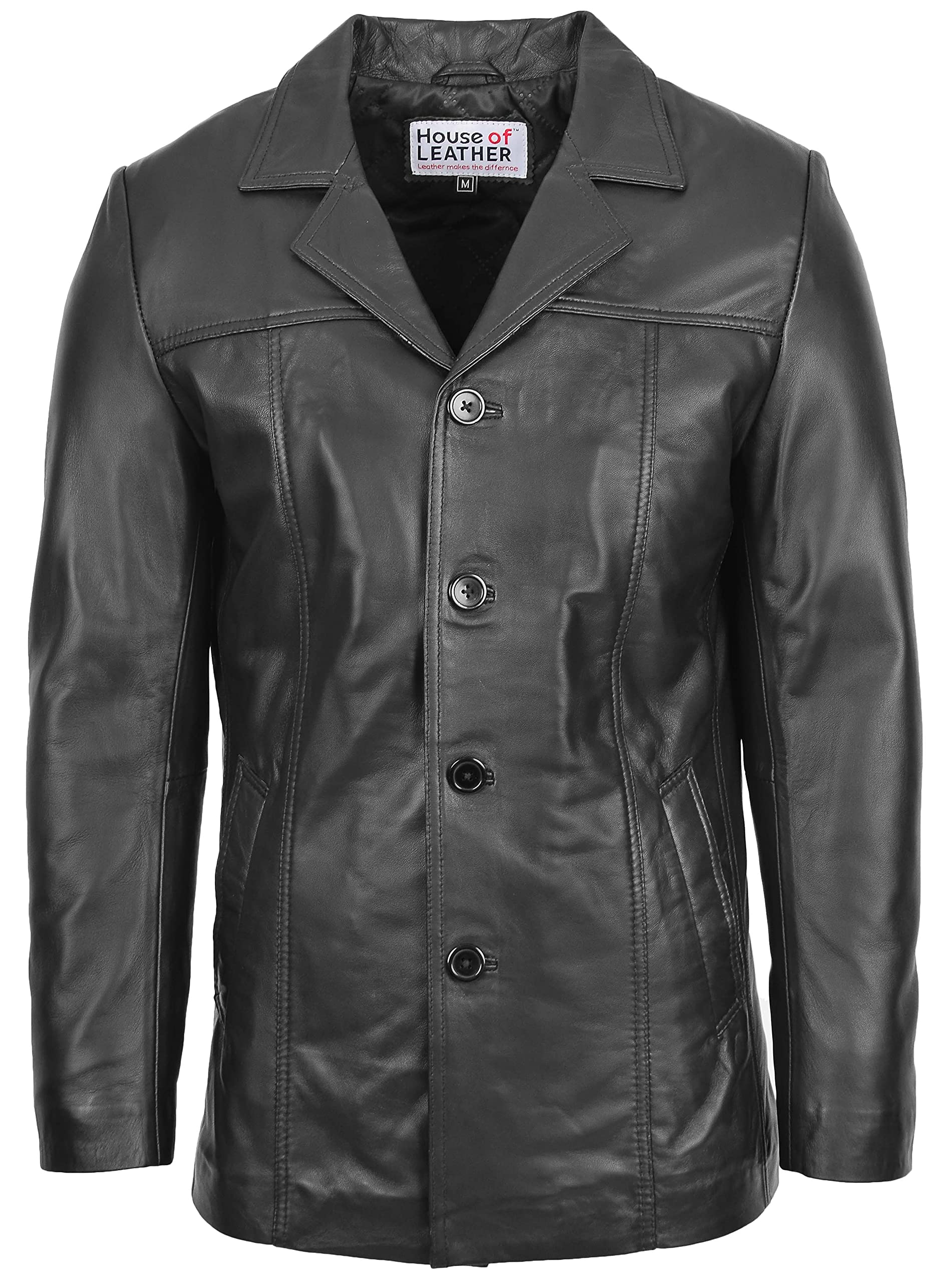 House Of Leather Men's Black Real Leather Reefer Jacket Classic Button Style Thrill (3Xl, )