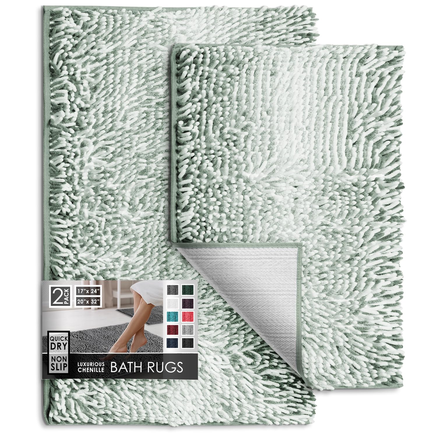 hearth & harbor bathroom rugs, chenille bath mat - machine washable bath mats for bathroom non-slip backing rubber, quick dry bathroom mat, 17 x 24 + 20 x 32 - ombre green