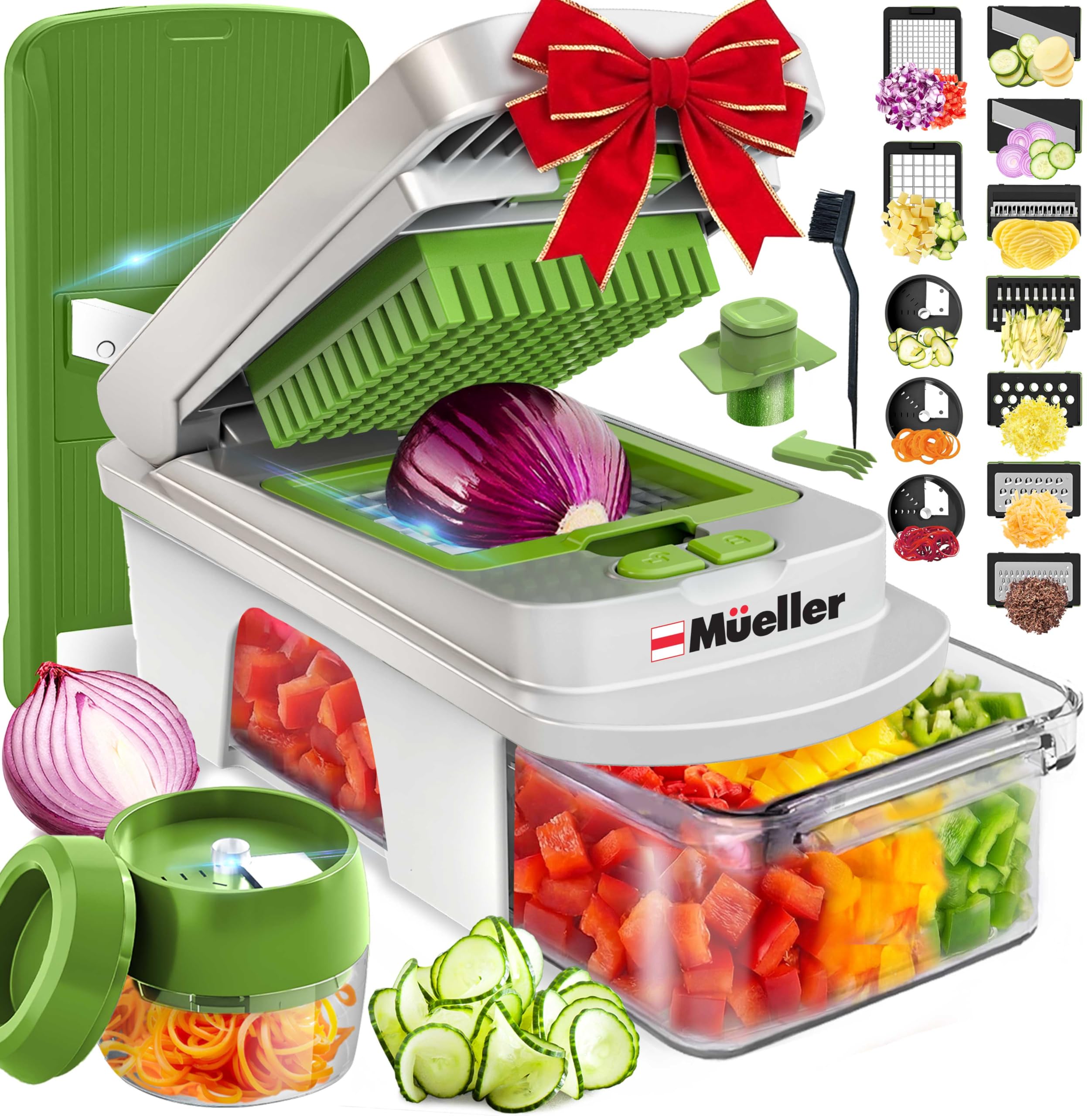 Mueller Pro-Series All-in-One, 12 Blade Mandoline Slicer for Kitchen, Food Chopper, Vegetable Slicer and Spiralizer, Cutter, Dicer, Grater, Mothers Day Gifts, Kitchen Essentials, White Sand/Green