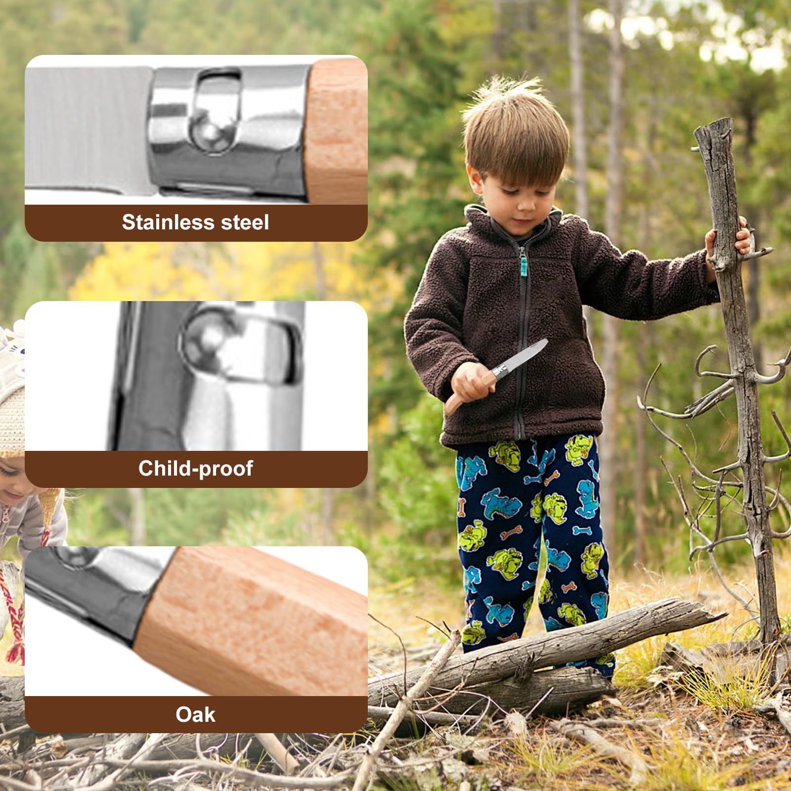 Hochwertiges Kindermesser Schnitzset, klappbares Outdoor Taschenmesser mit Holzgriff Schnitzmesser Kinder ab 6 Jahre inkl schnittfeste Handschuhe, Messerscheide Schnitzwerkzeug