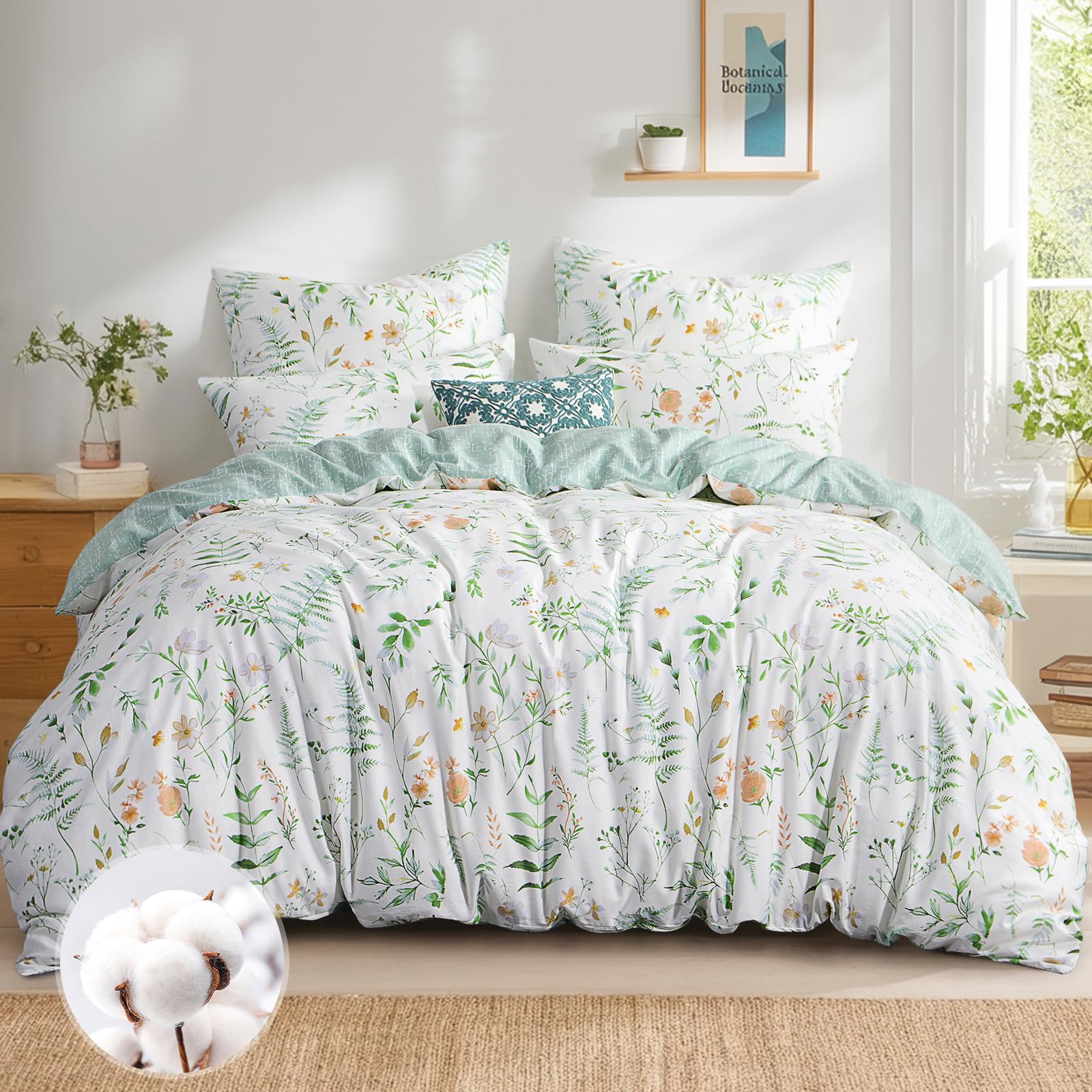 Aisbo Beddengoed 200 x 200 cm, katoen, donkergroen, plantenpatroon, beddengoedsets 200 x 200 cm, dekbedovertrek, 3-delig met 2 kussenslopen 80 x 80 cm, Oeko- Tex, omkeerbaar beddengoed met ritssluiting