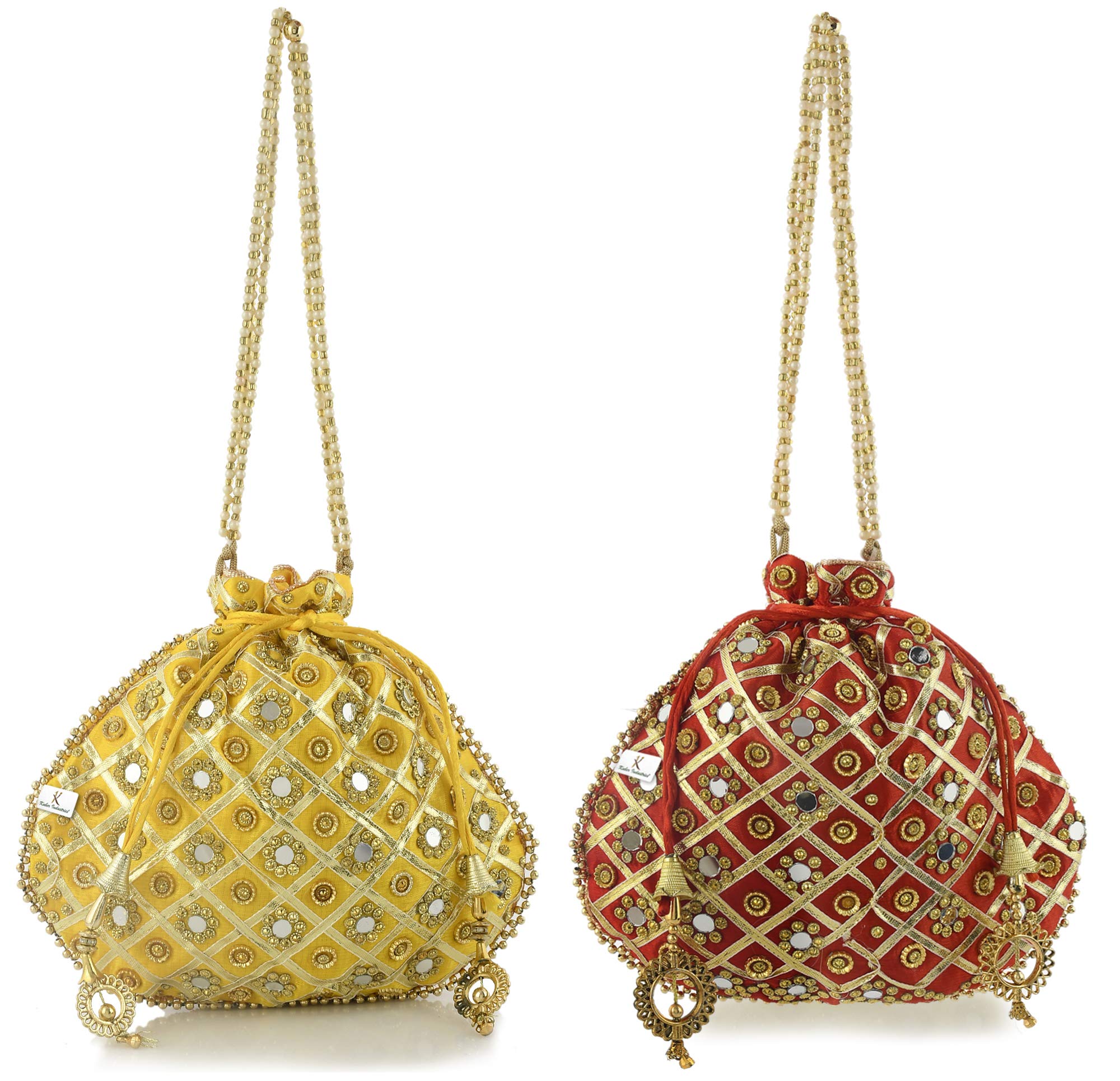 Indian Collectible - 2 piezas de mano de mano con espejo tradicional de seda para novia, casual, fiesta, boda (dorado y rojo) - KUBMART11508, Multi