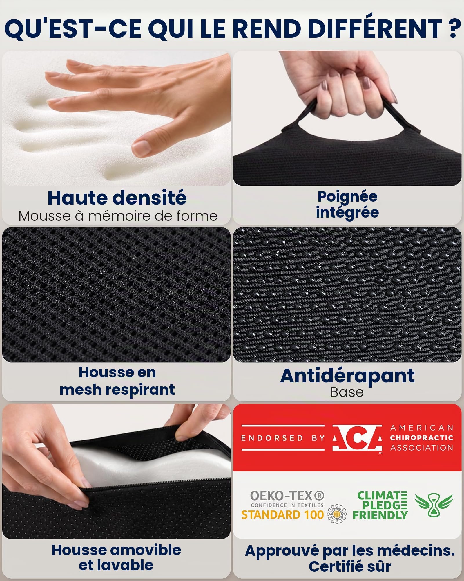 5 Stars United Mémoire de Forme pour Siège, Ergonomique Coccyx, Soulagement Sciatique & Lombaires, Anti-Dérapant, Portable, Housse Lavable – Arctic Noir