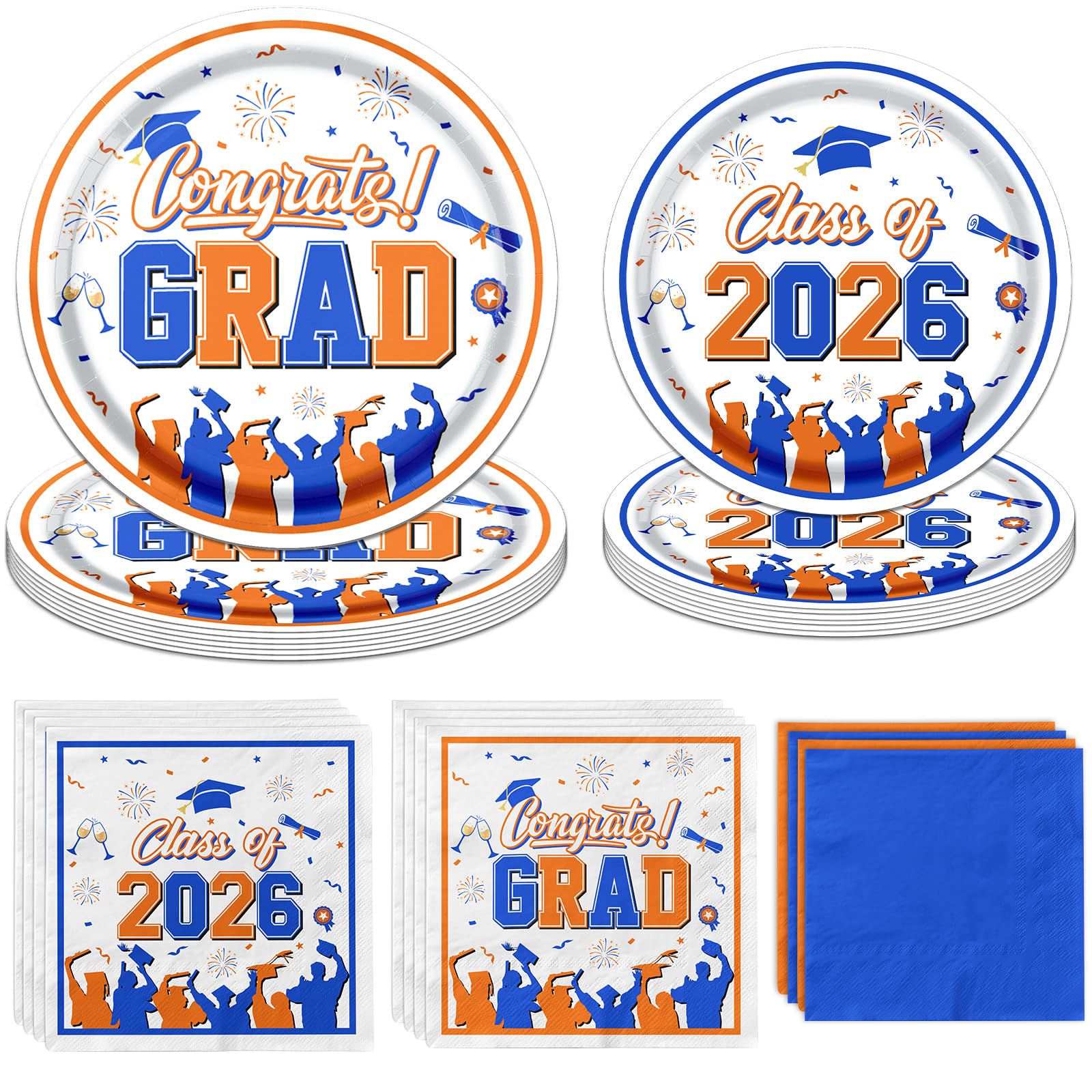 Graduation Plates and Napkins, Serve 50, Blue and Orange Graduation Decorations Paper Plates Napkins, Congrats Grad Party Dinnerware Set for