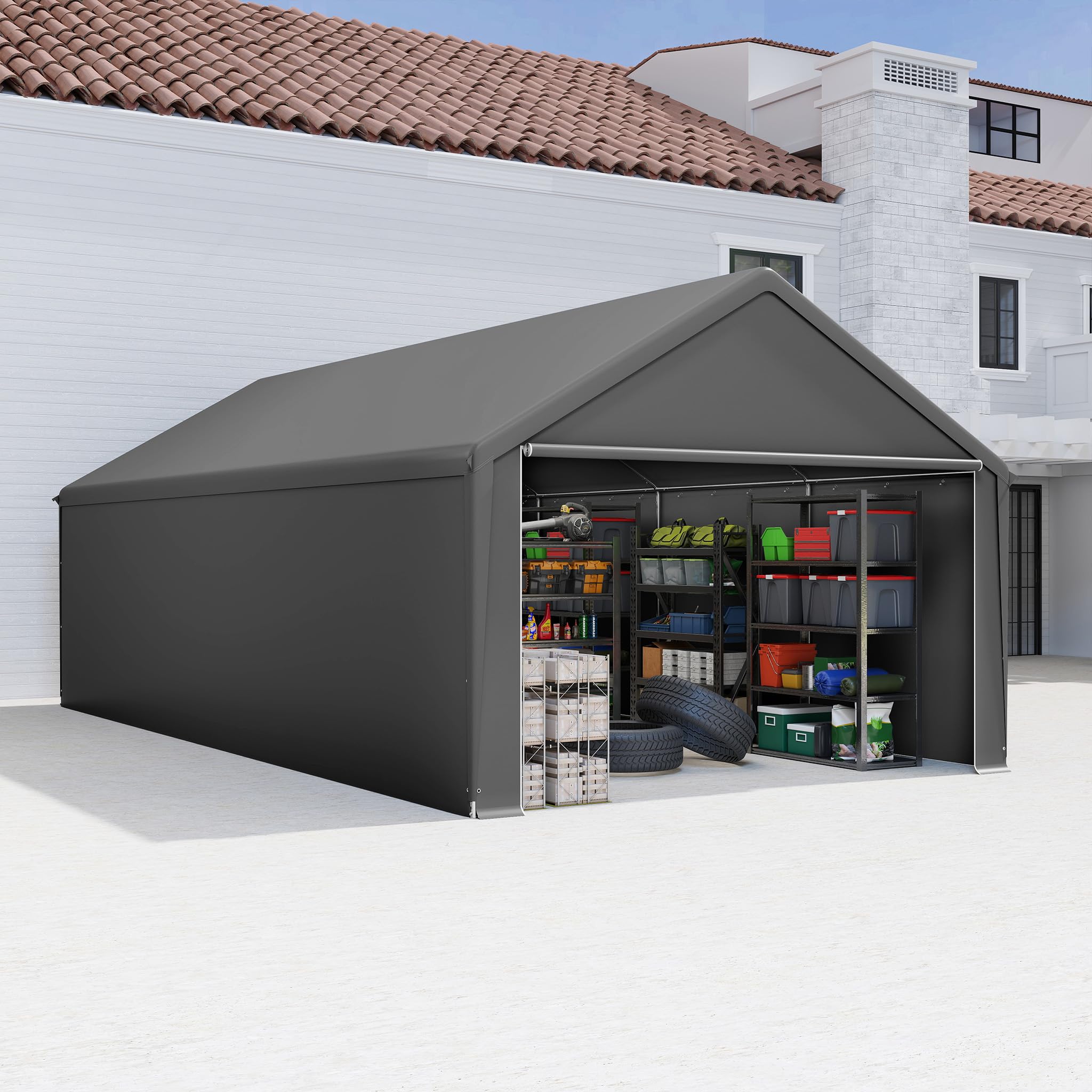Garage de tente, 4 x 8 m, très grand auvent de voiture, pour l'extérieur, robuste, avec parois latérales, enroulable, résistant aux intempéries, pour voiture, camion et bateau, gris