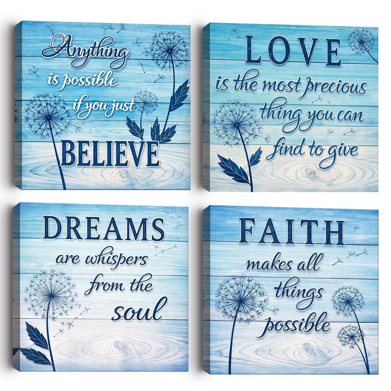 Alptiny Canvas Wall Art Set of 4, Framed Inspirational Quote Wall Art Prints, Blue Dandelion Picture Canvas Artwork for Living Room Bedroom Office Decor 30x30cm