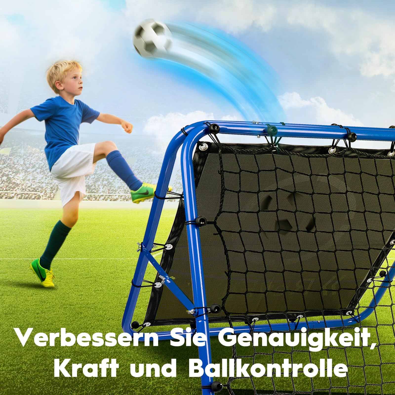 Rebounder für Fußball – Verstellbares Doppelseitiges Rebounder-Netz mit Ziel, für Fußball, Baseball, Tennis, Rugby – Trainingsnetz mit robustem Stahlrahmen – 80/100/120 cm