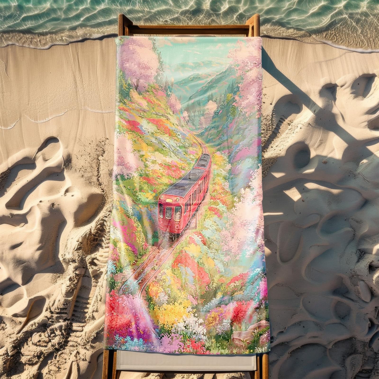 Tapis de Plage XXL Anti Sable Train, Fleurs Roses Serviette Piscine Adulte,Natte De Plage Pliable, Voyage Accessoires De Plage Camping,Serviette de Bain Personnalisée