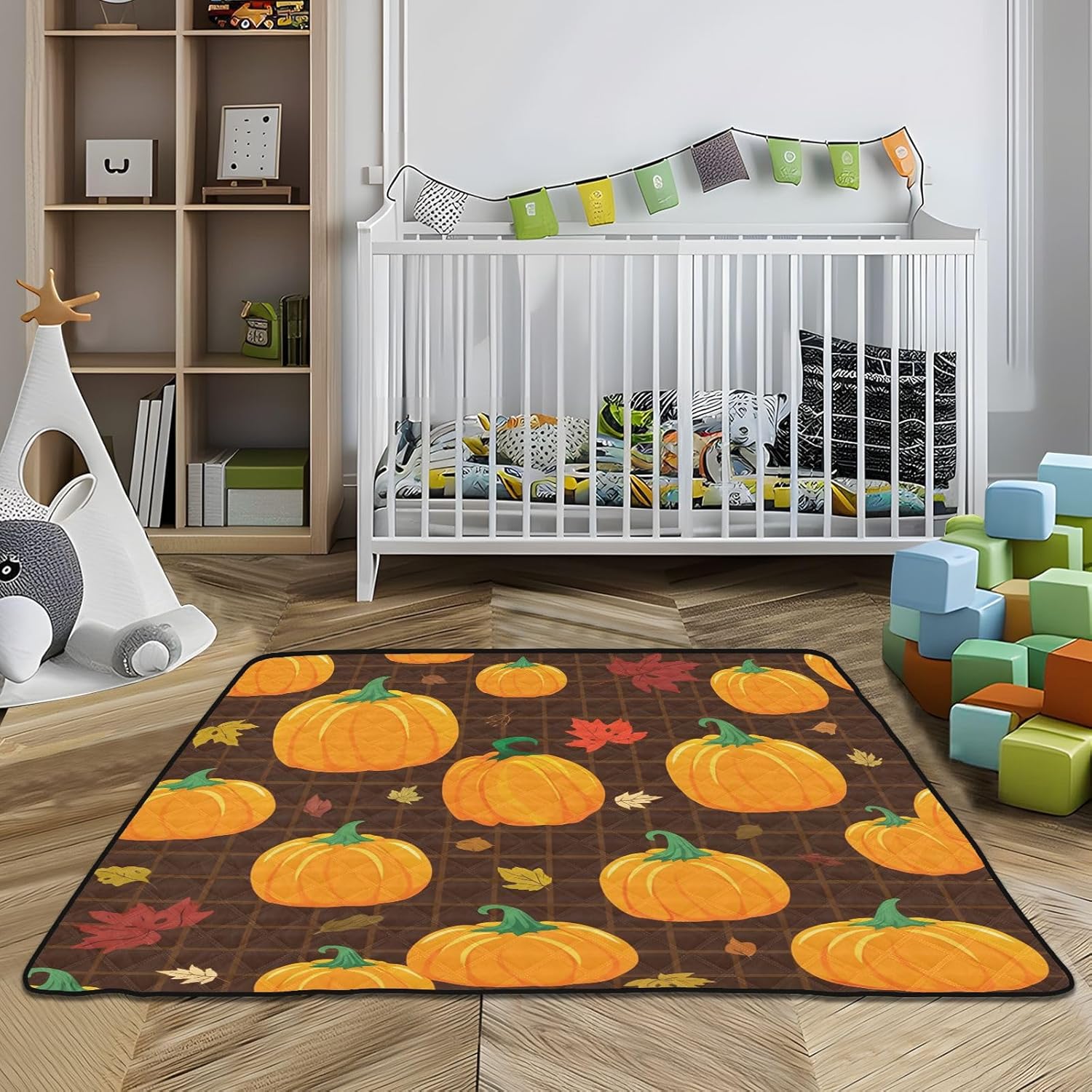 Doodle Pumpkins & Leaves Baby Play Mat, 50“ X 50” Washable Folding Crawling Mat, Baby Floor Mat, Soft, Non-Slip